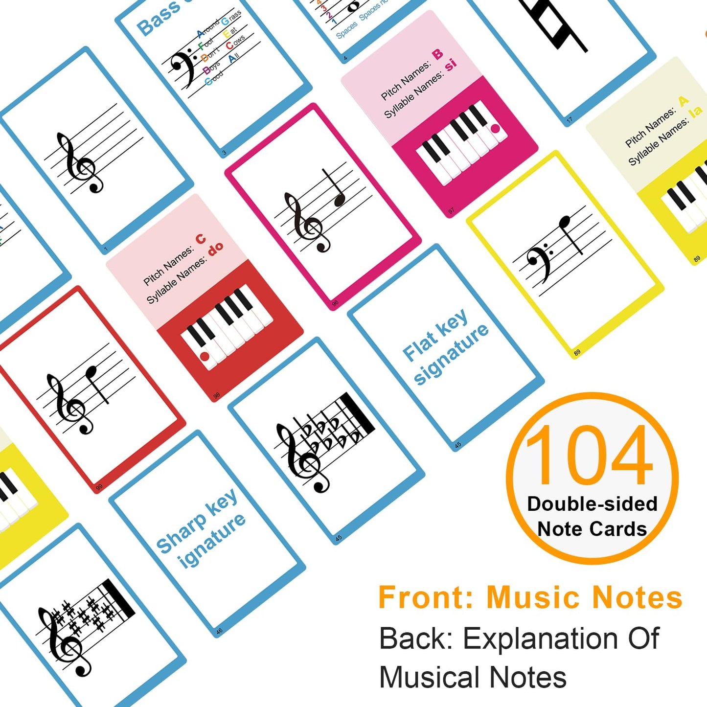 Piano Staff Notes Flashcards, Piano Staff Theory and 104 Sheets Flash Cards, Fun Educational Flashcards for Piano, Music Learners