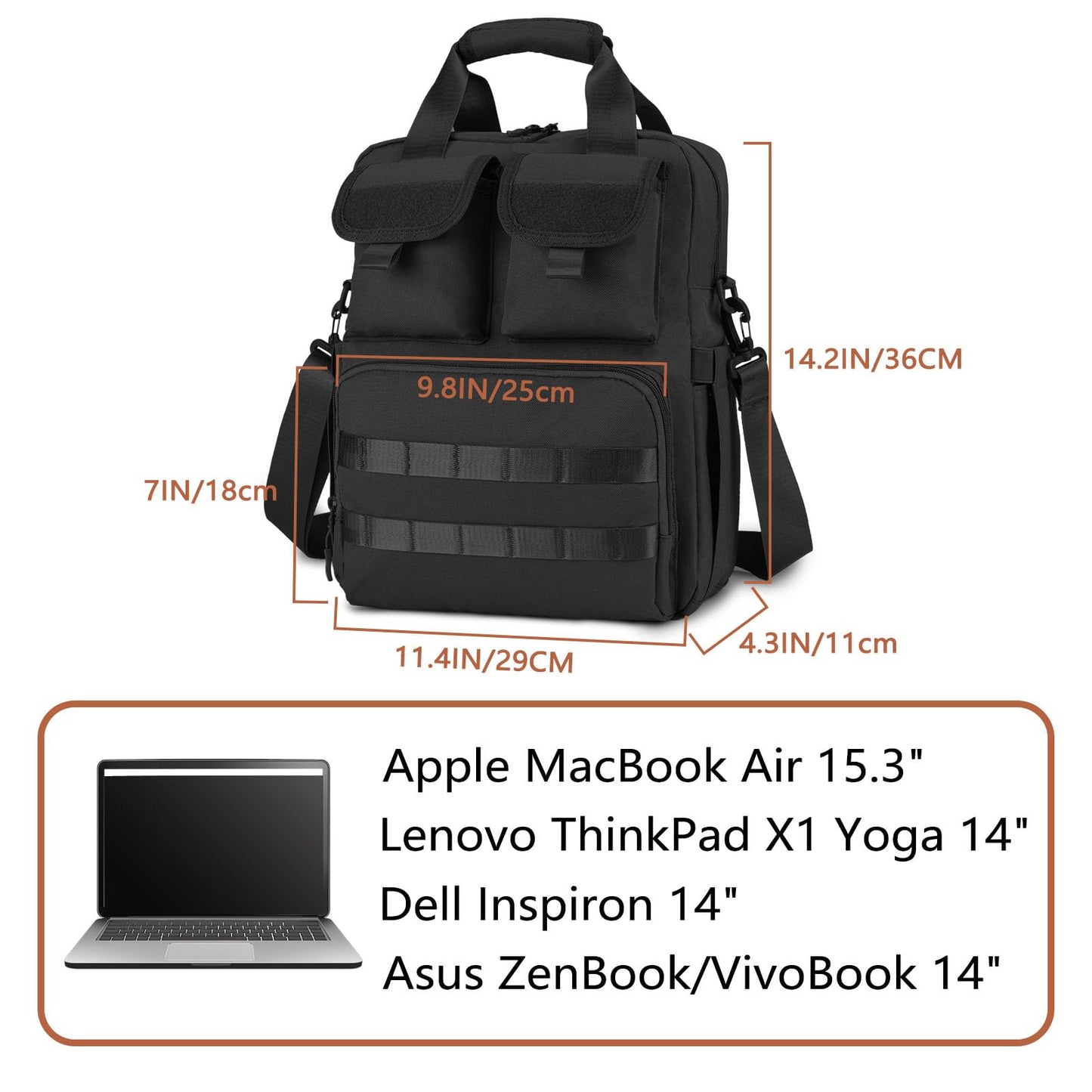 ArcEnCiel Tactical Briefcase, 12L Messenger Bag with 8 Compartments, 900D Oxford Fabric Sturdy Laptop Bag for Business Commute Travel, Fits 14.2" Computer Tablet Files