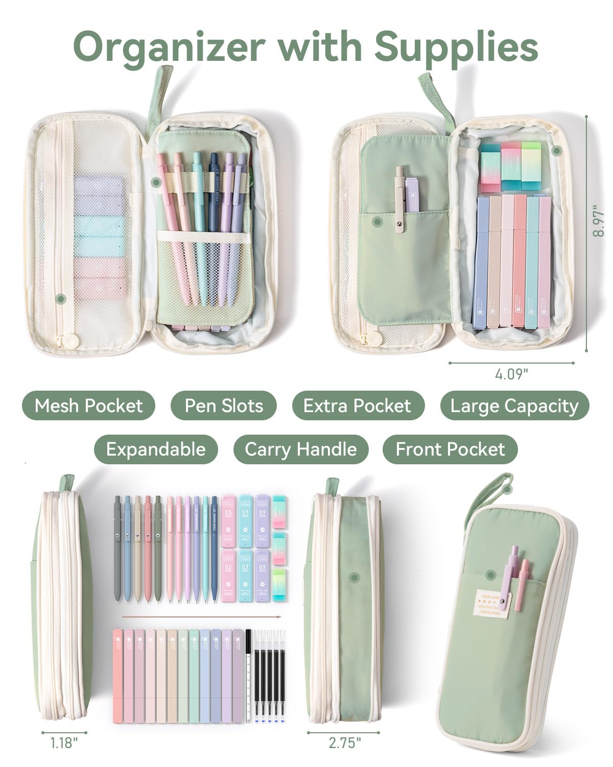 Four Candies 39 PCS Aesthetic Stationery Set with Cute Pen Case, College Supplies and Nursing Student Essentials, 12 Pastel Highlighters, 5 Black Gel Pens, 6 Mechanical Pencils, Green