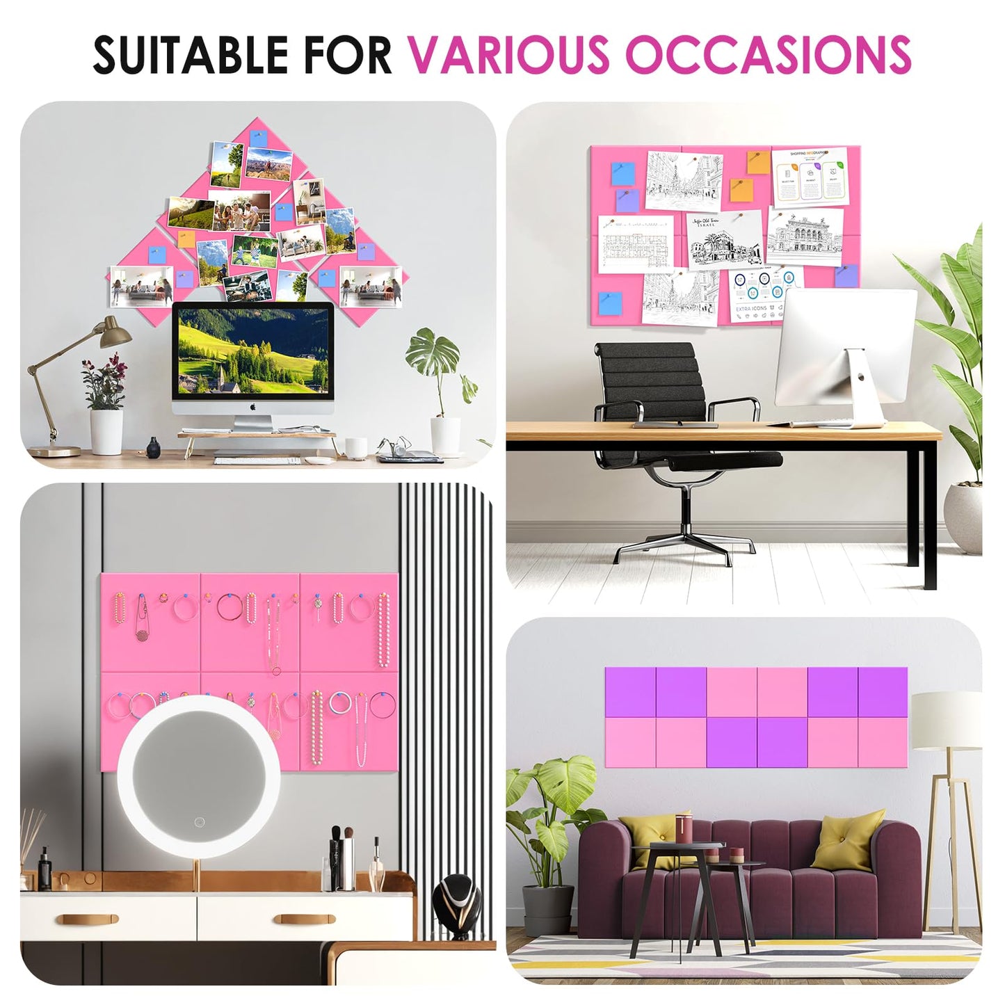 MaxGear Large Cork Board for Wall 36" x 24", Pink Bulletin Board, 6 Pack Felt Wall Tiles with Pushpins, Cork Boards for Office Pin Board Tack Board Cork Boards