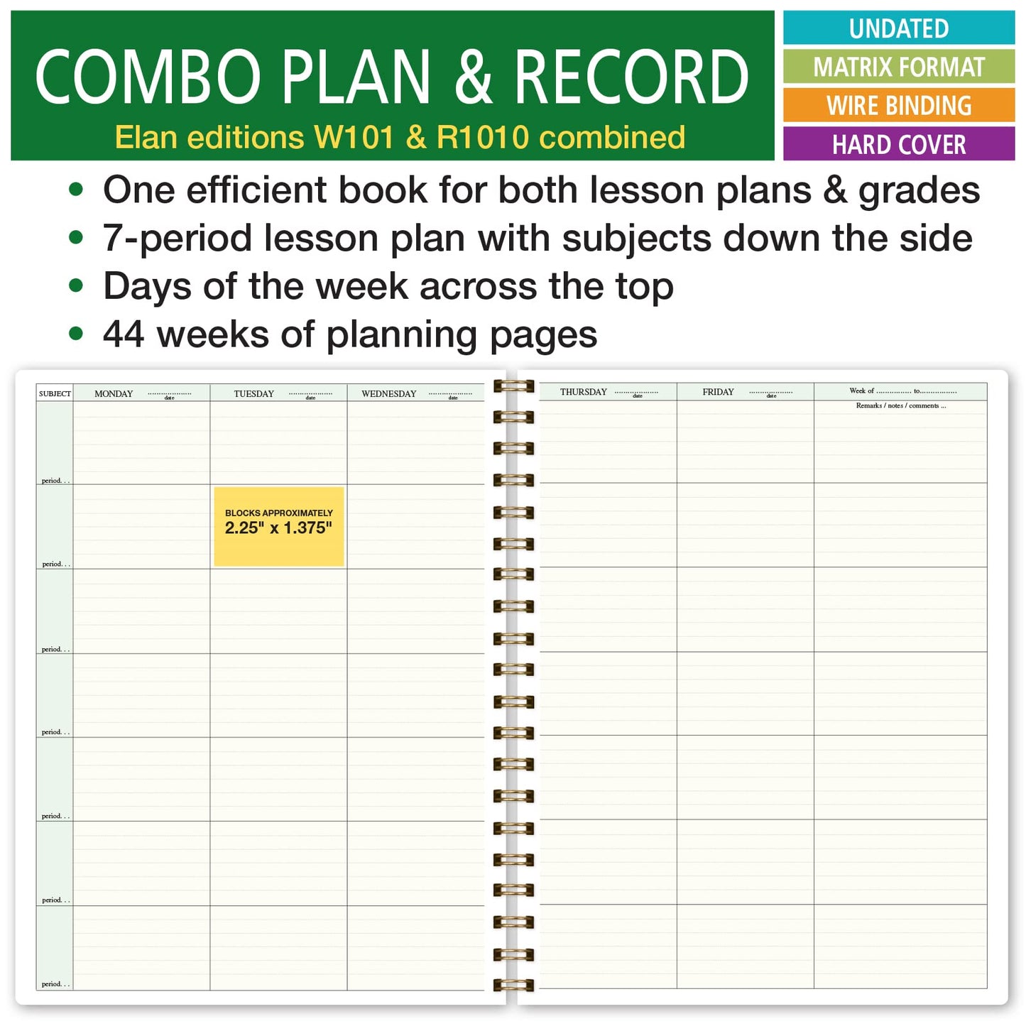 Elan Publishing Company HARDCOVER Combination Plan and Record Book: One efficient 8.5" x 11" Book for Lesson Plans and Grades Combines W101 and R1010 with Bonus Clip-in Bookmark (Rainbow Gold Marble)
