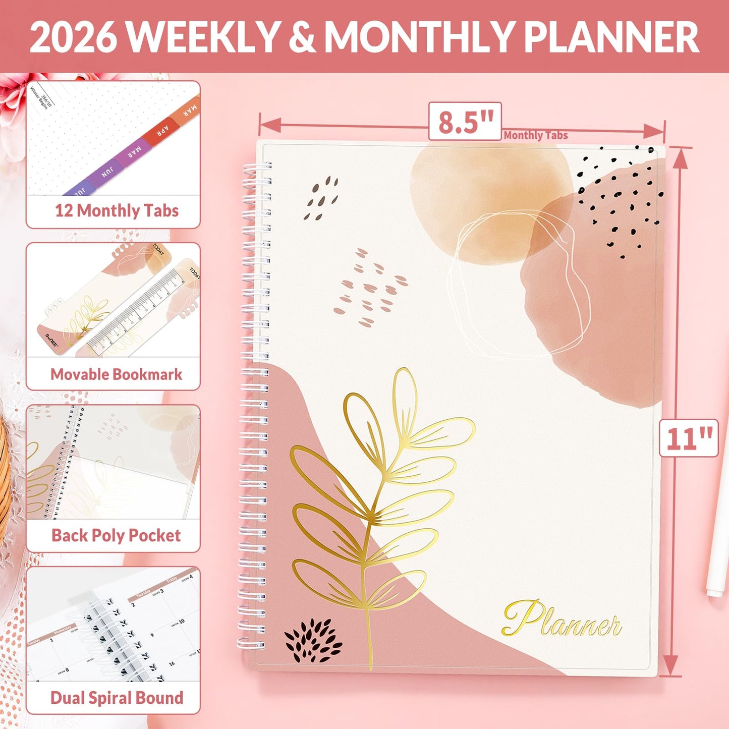 SUNEE 2026 Weekly and Monthly Planner - from January 2026 - December 2026, Daily Agenda Planner with Monthly Tab, Flexible Cover, Note Pages, Pockets, Bookmark, Spiral Binding, Pink Breeze, 8.5"x11"