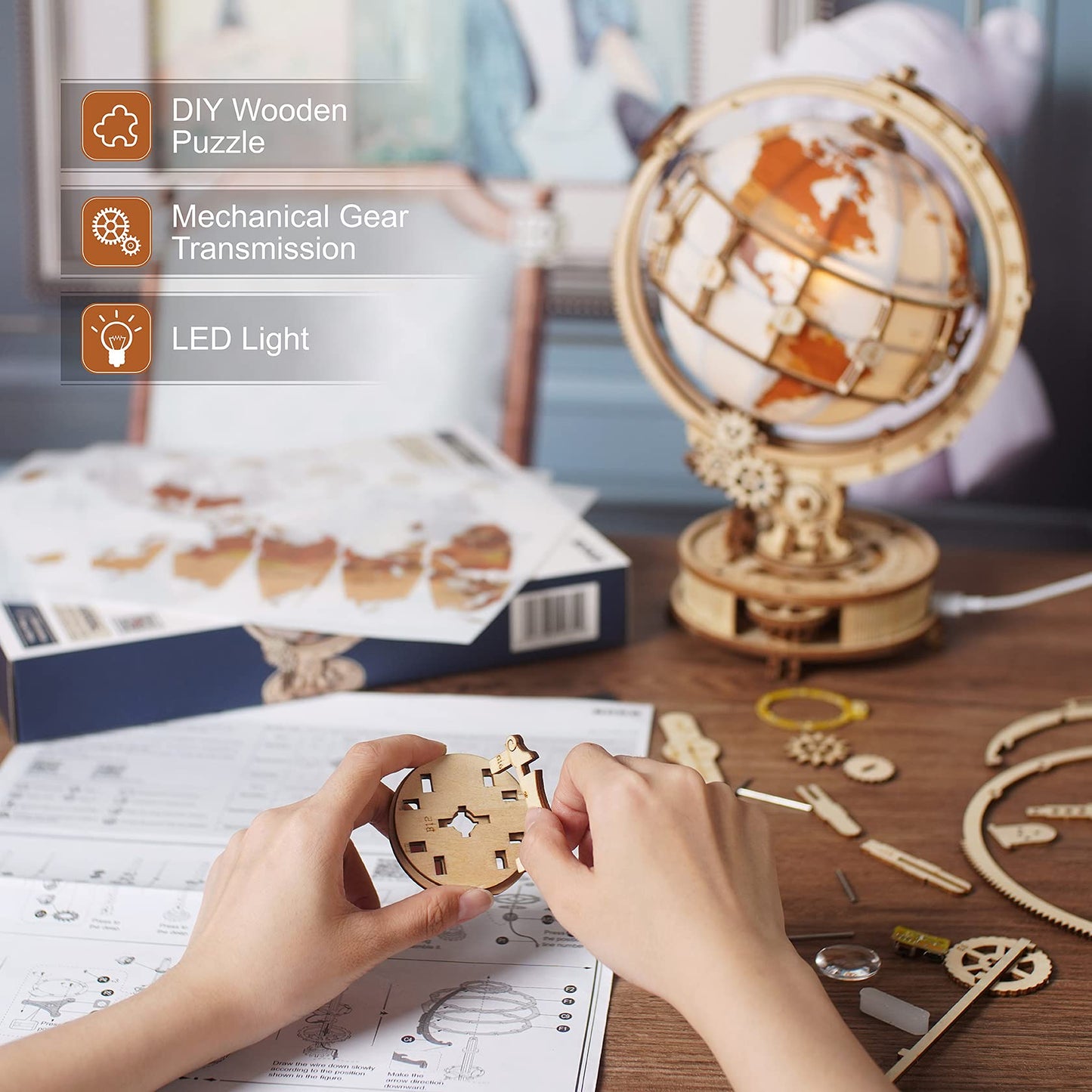 ROBOTIME 3D Wooden Puzzle for Adults- Luminous Globe ST003 - Wooden 3D Puzzles for Adults with LED Light - Globe Model Building Kit for Teens & Adults