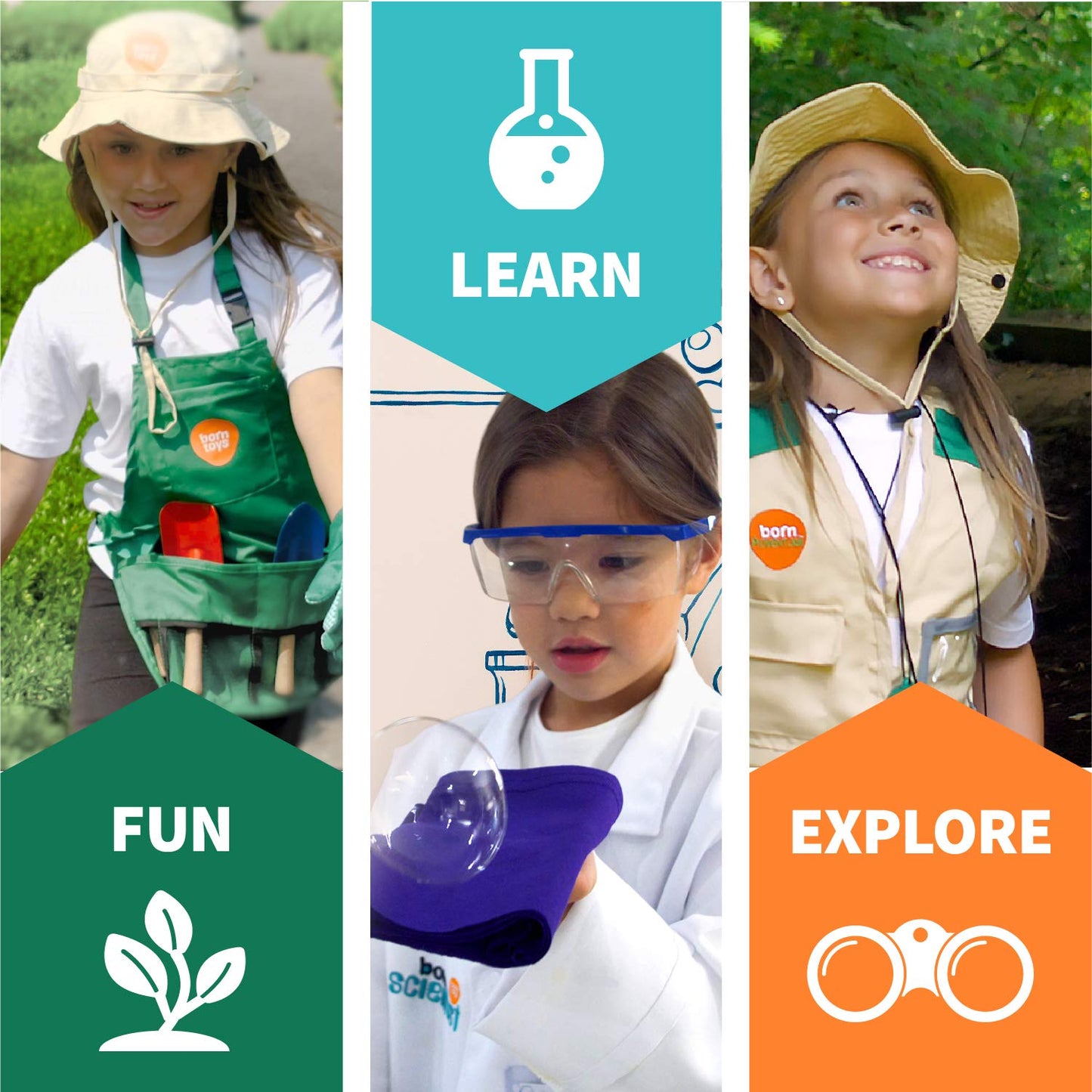 Born Toys 3-in-1 Toddler Dress Up Clothes for Boys & Girls Ages 3-7, Scientist, Gardener, Explorer or Safari Outfit, Pretend Play Outdoor Adventure Set, Washable Costumes for Kids, STEM Gift Ready Set