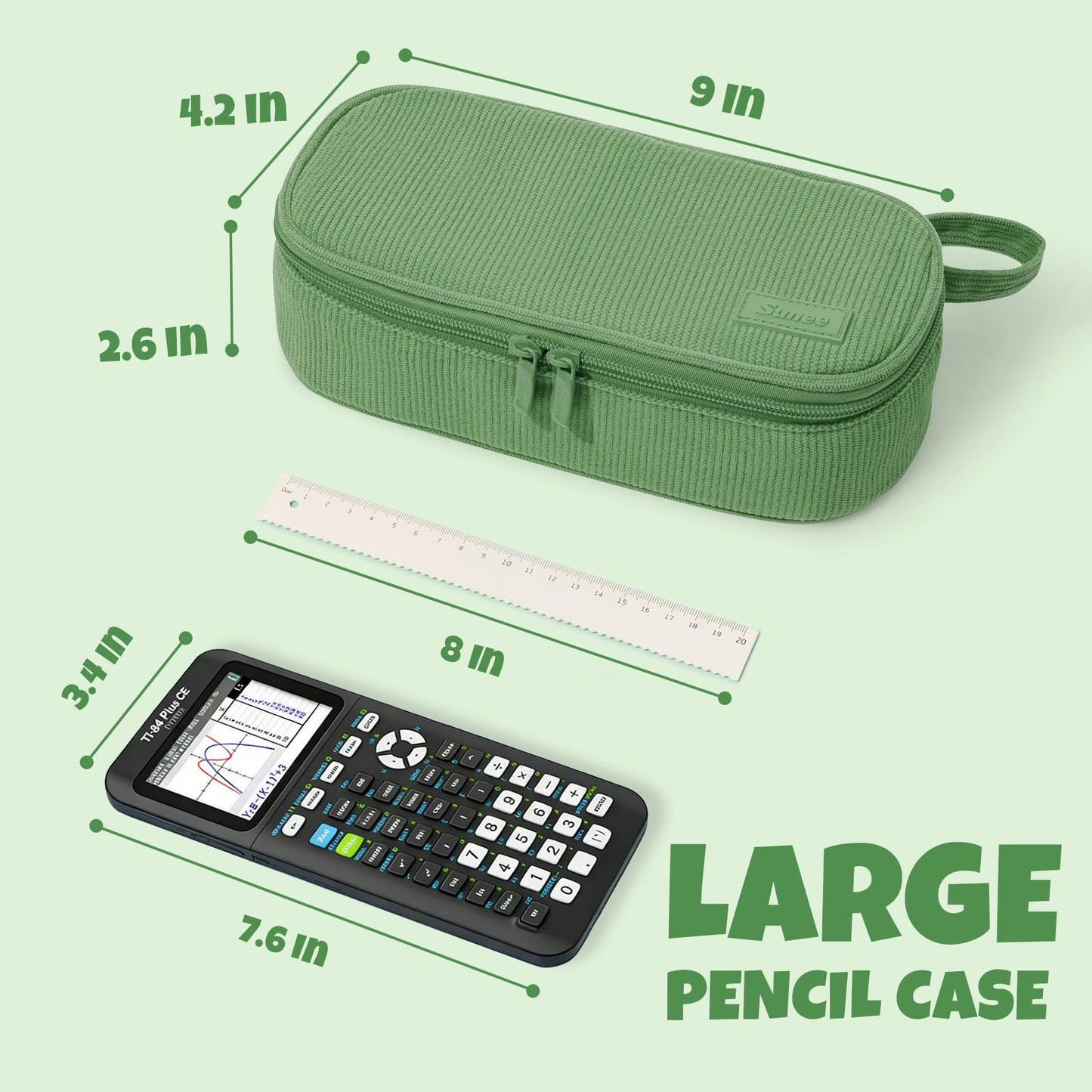 SUNEE Cute Pencil Case, Large Capacity Pencil Pouch, Soft Corduroy Pencil Bag, Big Storage Pen Organizer for Stationery, Aesthetic Zipper Pencil Box, Back to School Supplies for Teen Girls Boys, Green