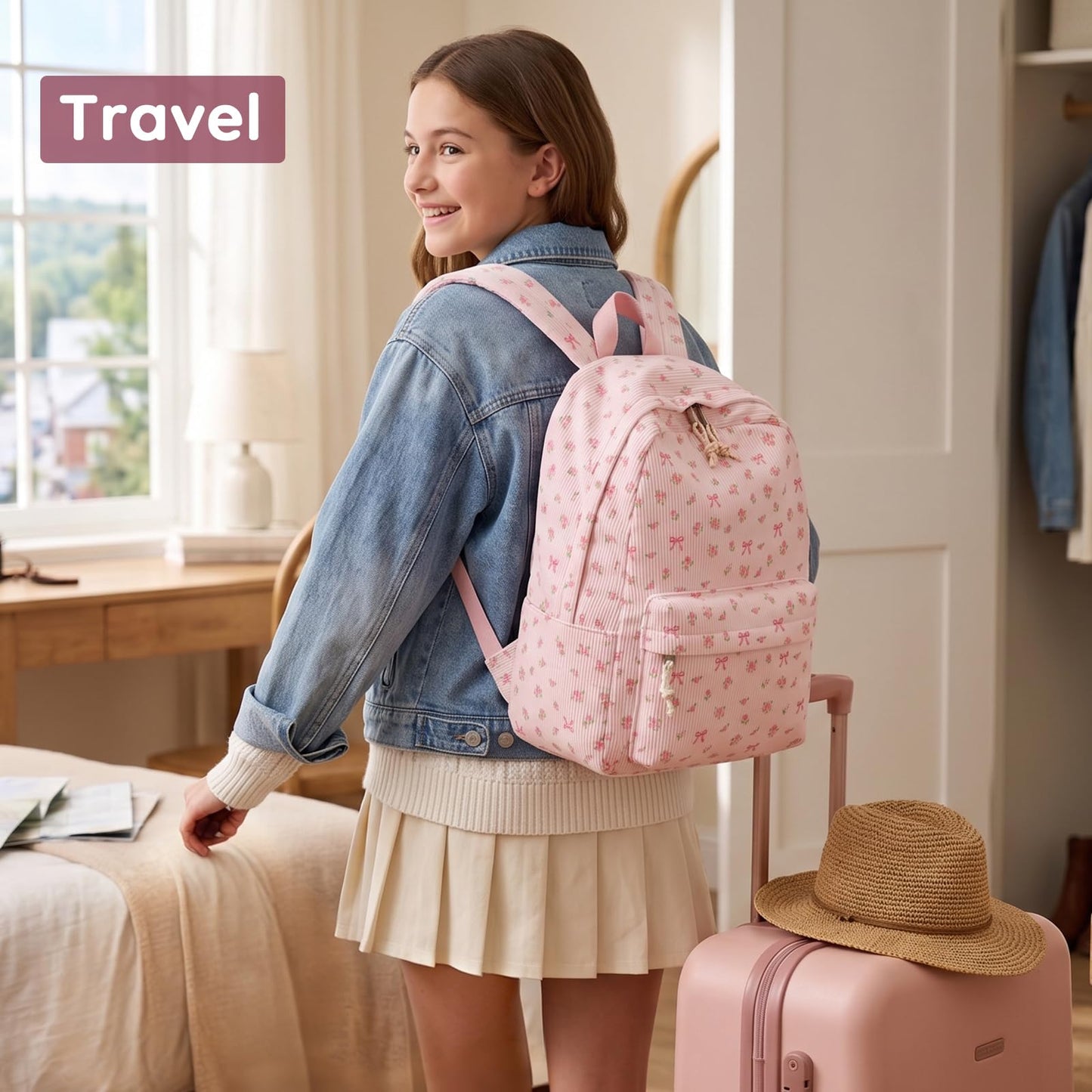 BTOOP School Backpack for Girls Teens Large Corduroy Bookbag Lightweight Casual High School College Backpacks 17 inch Laptop Travel Bag (Pink Bow Floral-1)