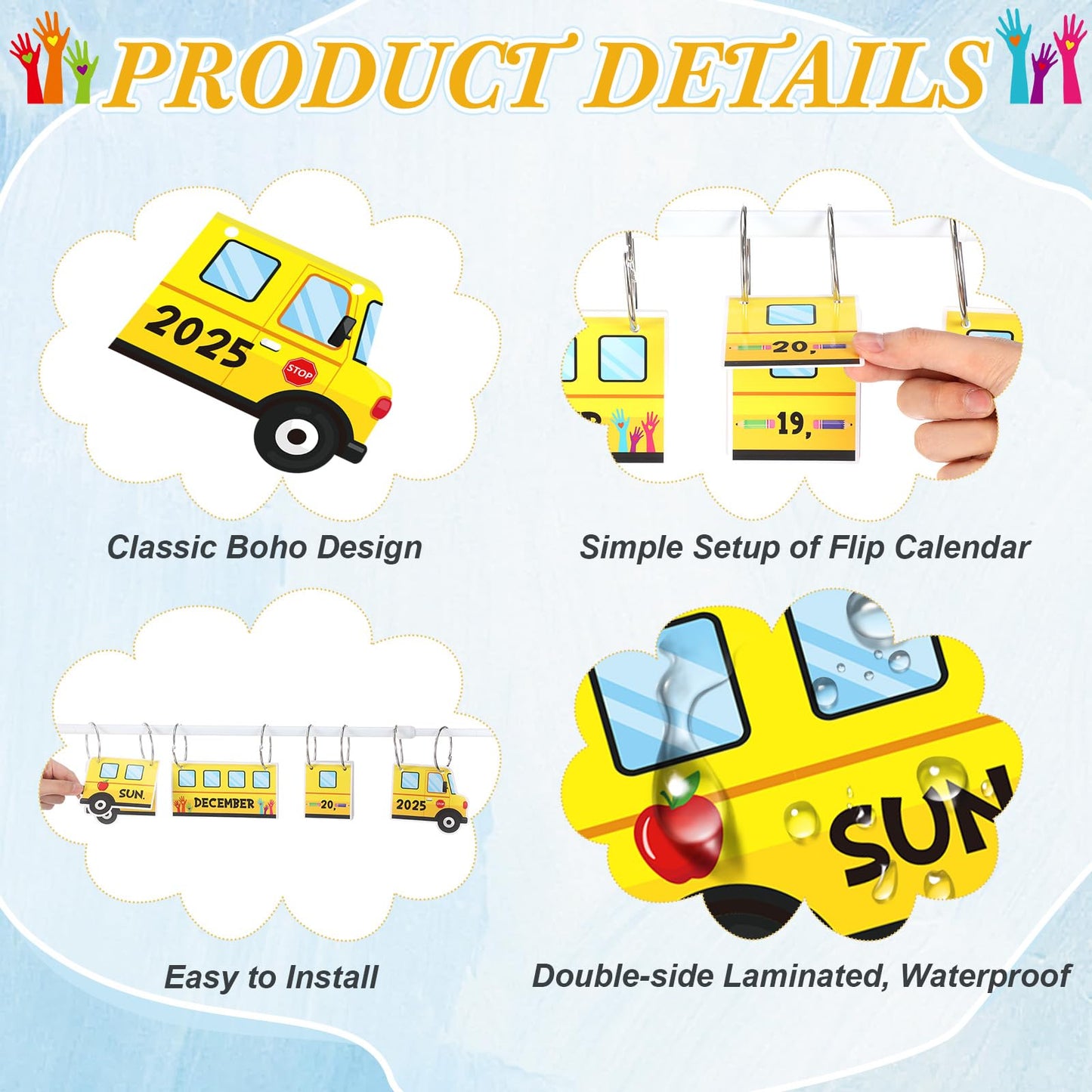 Containlol School Bus Calendar Bulletin Board Set Flip Calendar for Classroom Teacher Adjustable with 54 Yellow Week Month Day Year Cards Rod O-ring for Back to School First Day Elementary Wall