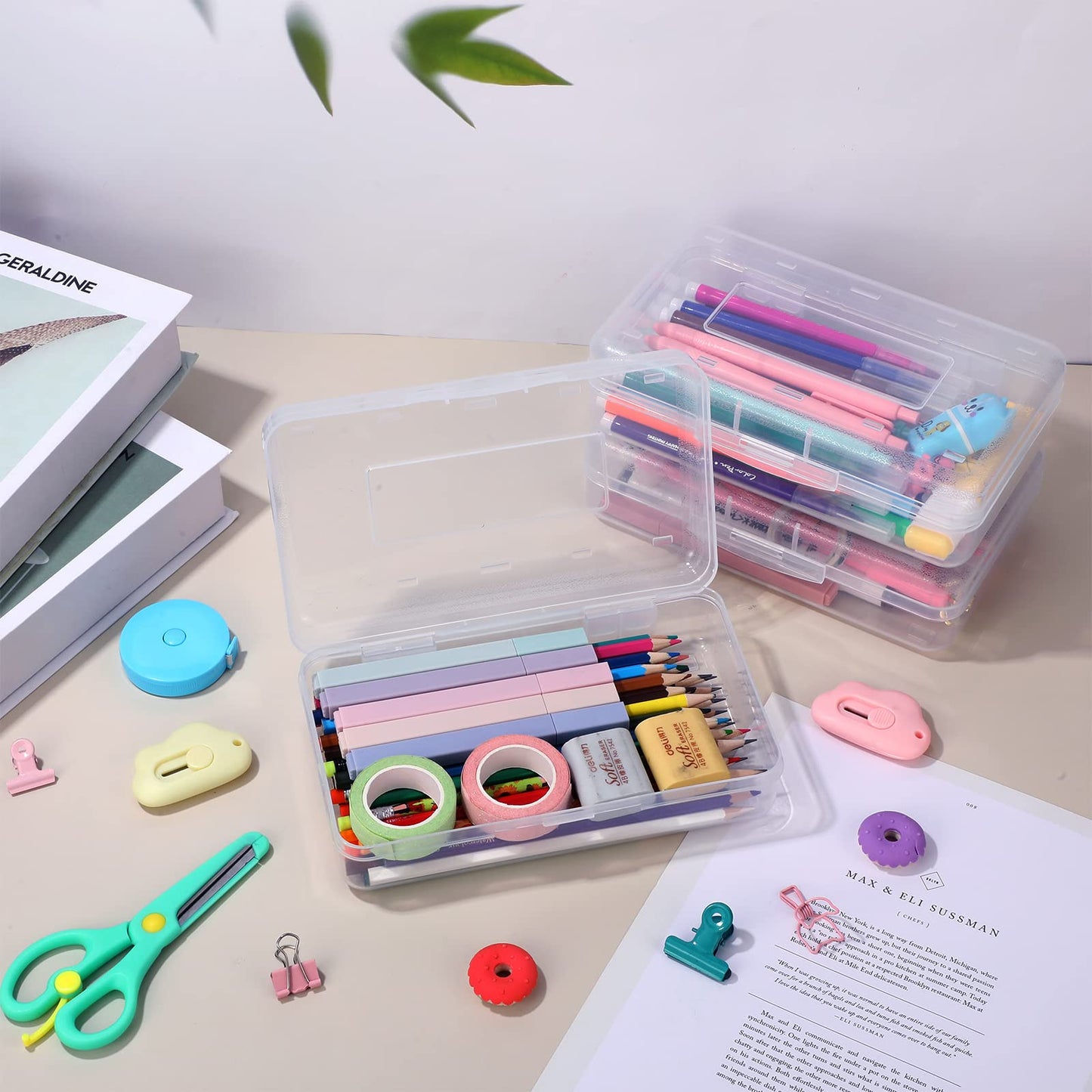 Leelosp 12 Pack Clear Pencil Boxes for School Bulk, Large Plastic Pencil Case with Lid, Stackable Hard Crayon Storage Box for Classroom Kids, Desk Drawer Organizer for Office Home(Clear)