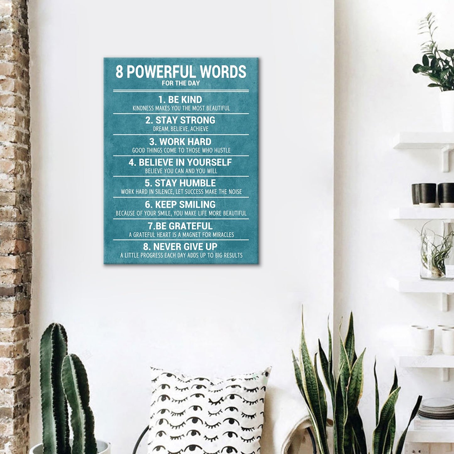 YSPCSUN Inspirational Posters for Office 8 Powerful Words for the Day Quote, Teal White Canvas Wall Decor for Home Office Dorm Classroom, Single Panel Framed Canvas, 24x18 Inch