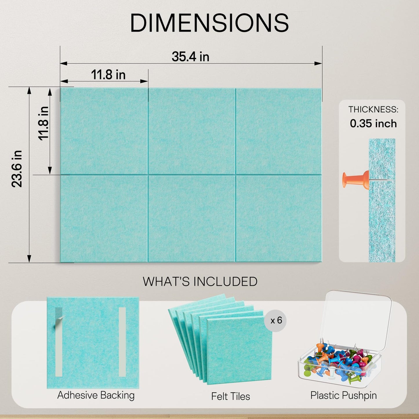 MaxGear Large Cork Board for Wall 36" x 24", Aqua Blue Bulletin Board, 6 Pack Felt Wall Tiles with Pushpins, Cork Boards for Office Push Pin Board Tack Board Felt Board