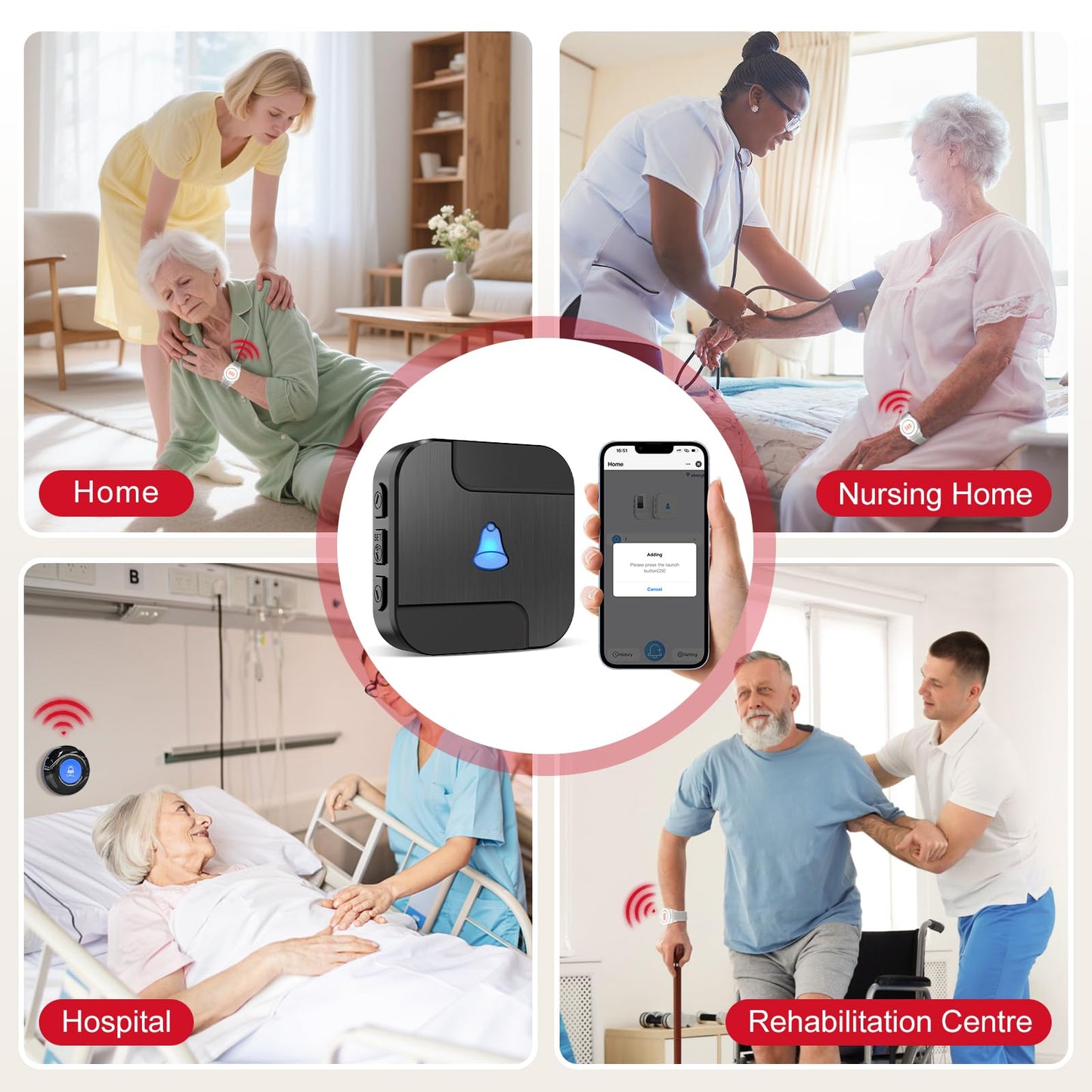 CallToU Wi-Fi Wireless Caregiver Pager Call Button for Elderly at Home, APP Emergency Alert Fall Help System for Seniors, Patients/Disabled Monitoring at Home
