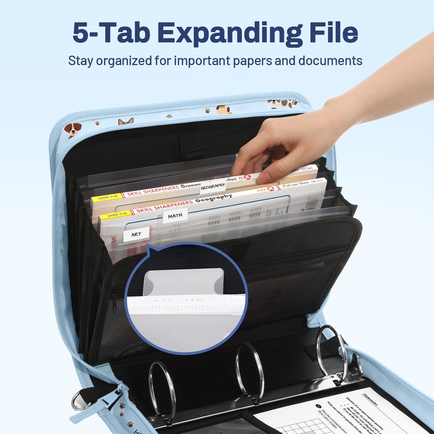 SUNEE Zipper Binder 3 Ring, 3 Inch O-Ring with Handle and Shoulder Strap, 600-Sheet Capacity, 5-Tab Expanding File Folder, Multi-Pockets for Middle School Organizer Binder with Zipper, Blue Dog