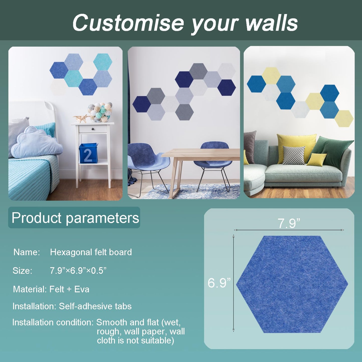 Afumazi Felt Bulletin Board Tiles, 8 Pcs Hexagon Wall Tiles with Removable Adhesive, 7.9×6.9 Inch Cork Pin Board for Classroom, Home, Office (Set E, Middle)