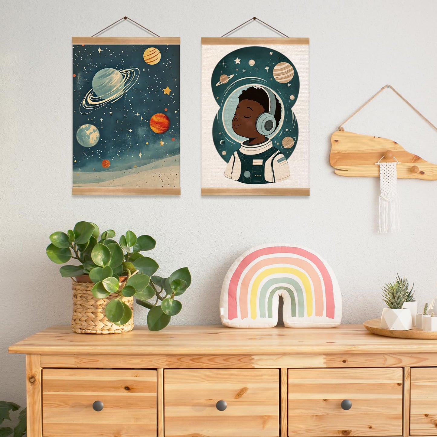 ZTGDA Solar System & Astronaut Wall Art Set of 2, Space Poster with Wood Hanger, Universe Theme Kids Room Decor for Boys and Girls, Classroom or Nursery Wall Display, 12x16 Inch(Space travel-01)