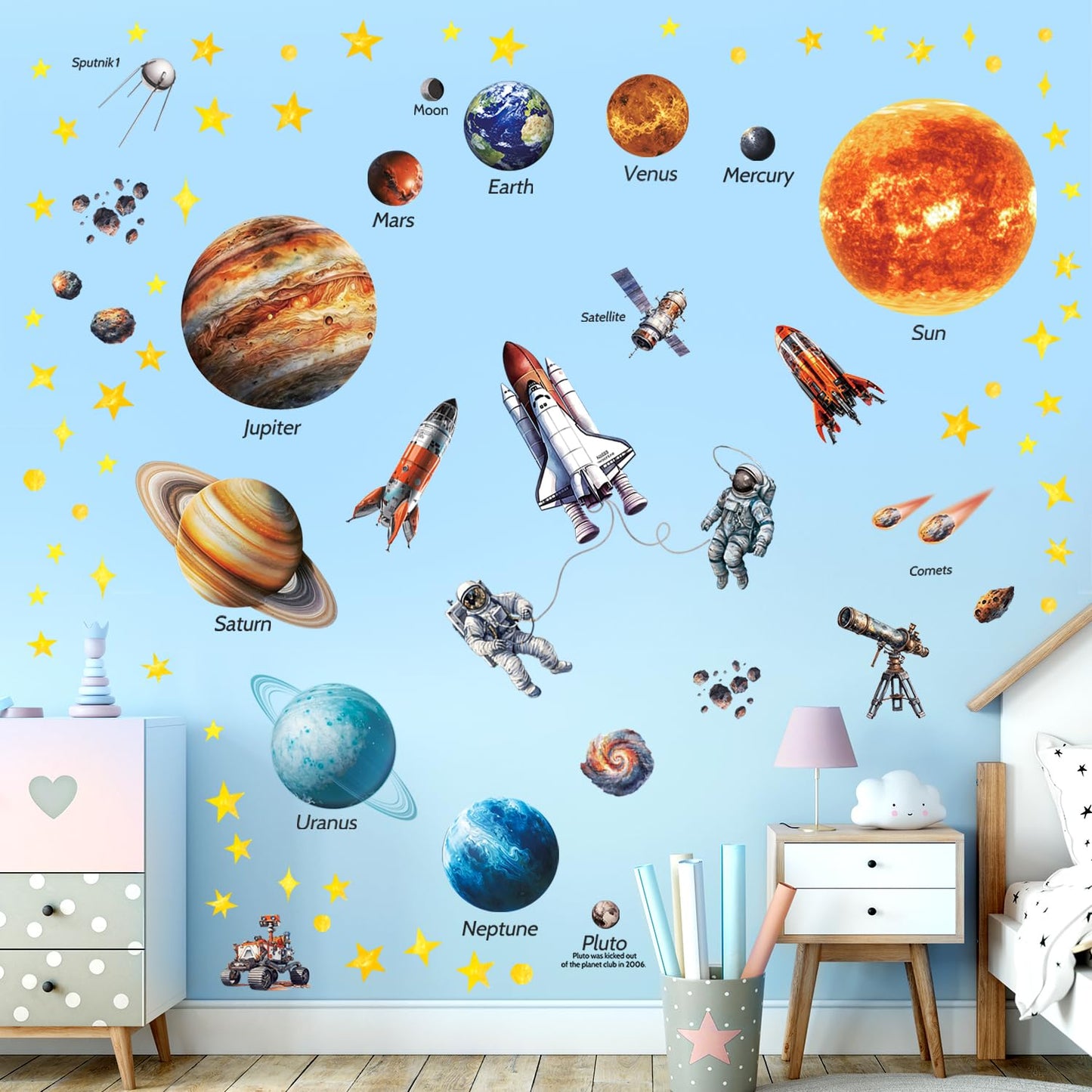 DECOWALL DS12-8077 Solar System Wall Stickers for Kids Room Décor Space Wall Decals for Bedroom Educational Removable Art Murals Decorations Living Ceiling Galaxy Planets Boys Stars