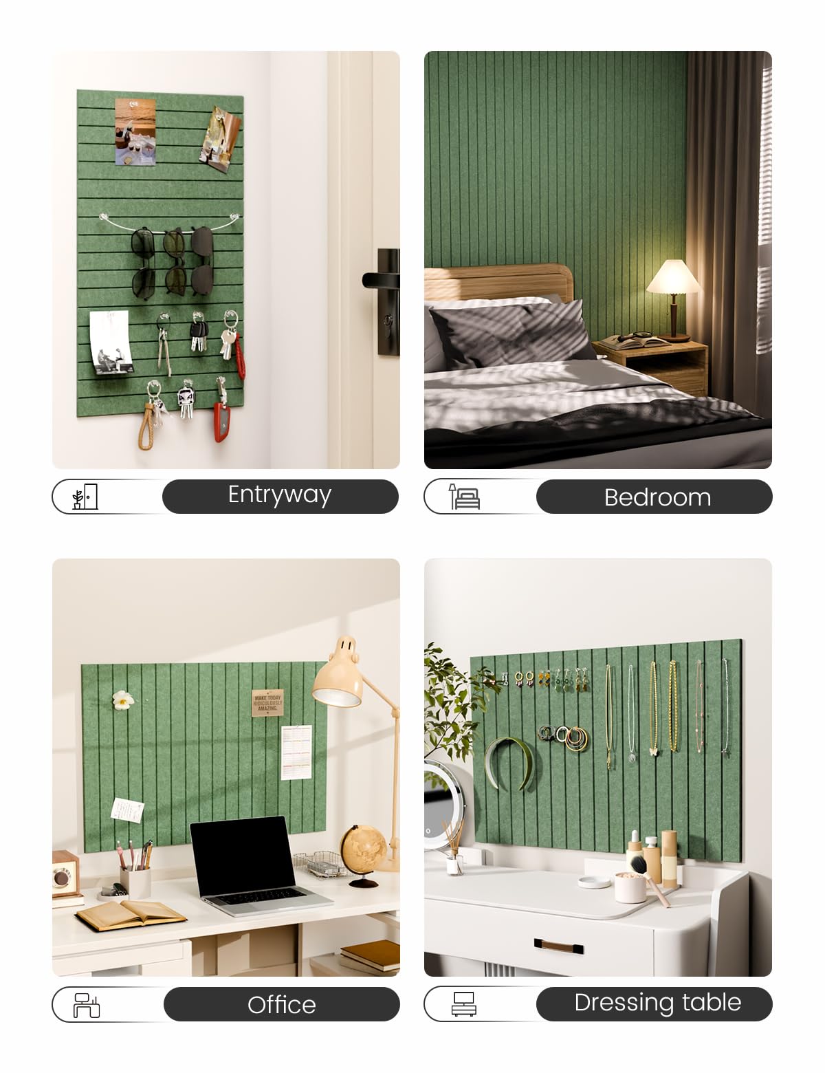 Felt Bulletin Board Tiles -28"x18" with 40 Adhesive Tabs, Cork Board Alternative for Office Decor, Push Pin Board Wall Organizer 6-Pack (Moss Green)