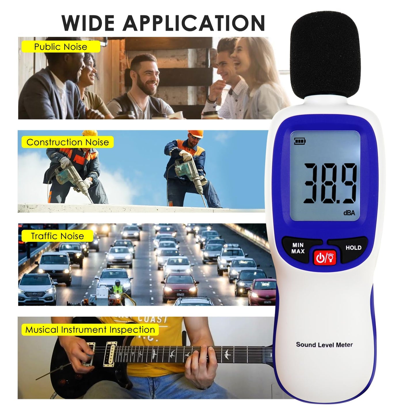 Decibel Meter Bluetooth, Portable Sound Level Meter with Data Logging, Can Fit with Smartphone App Recording, 30 to 130dBA Noise Decibel Meter SPL Meter w/Data Hold MAX MIN Alarm Backlit LCD Display