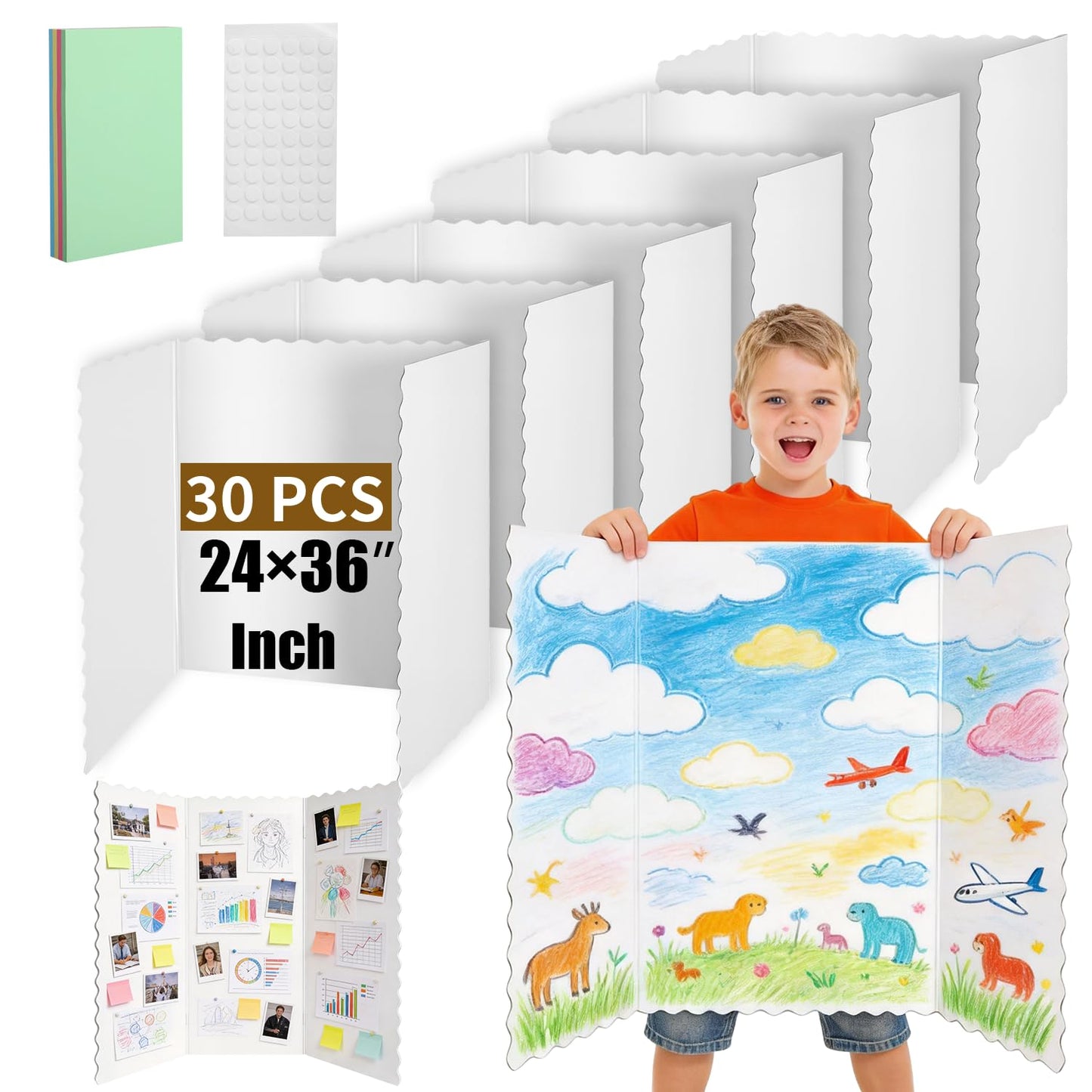 30 Pack 24" x 36" White Trifold Poster Board Bulk, Corrugated Foldable Tri-fold Display Board for Science Fair, School Projects, Presentations, Art, Business & Classroom Supplies
