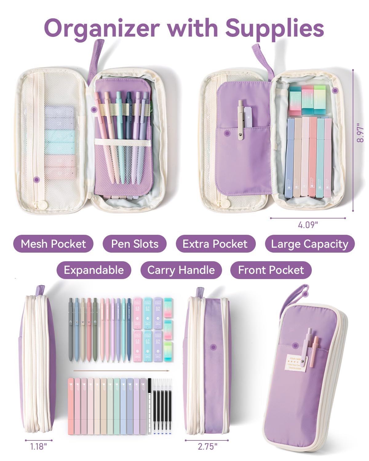 Four Candies 39PCS Cute Aesthetic School Supplies with Pen Case, Stationery Set for College & Nursing School Essentials, 12 Highlighters, 5 Gel Pens, 6 Mechanical Pencils, Purple