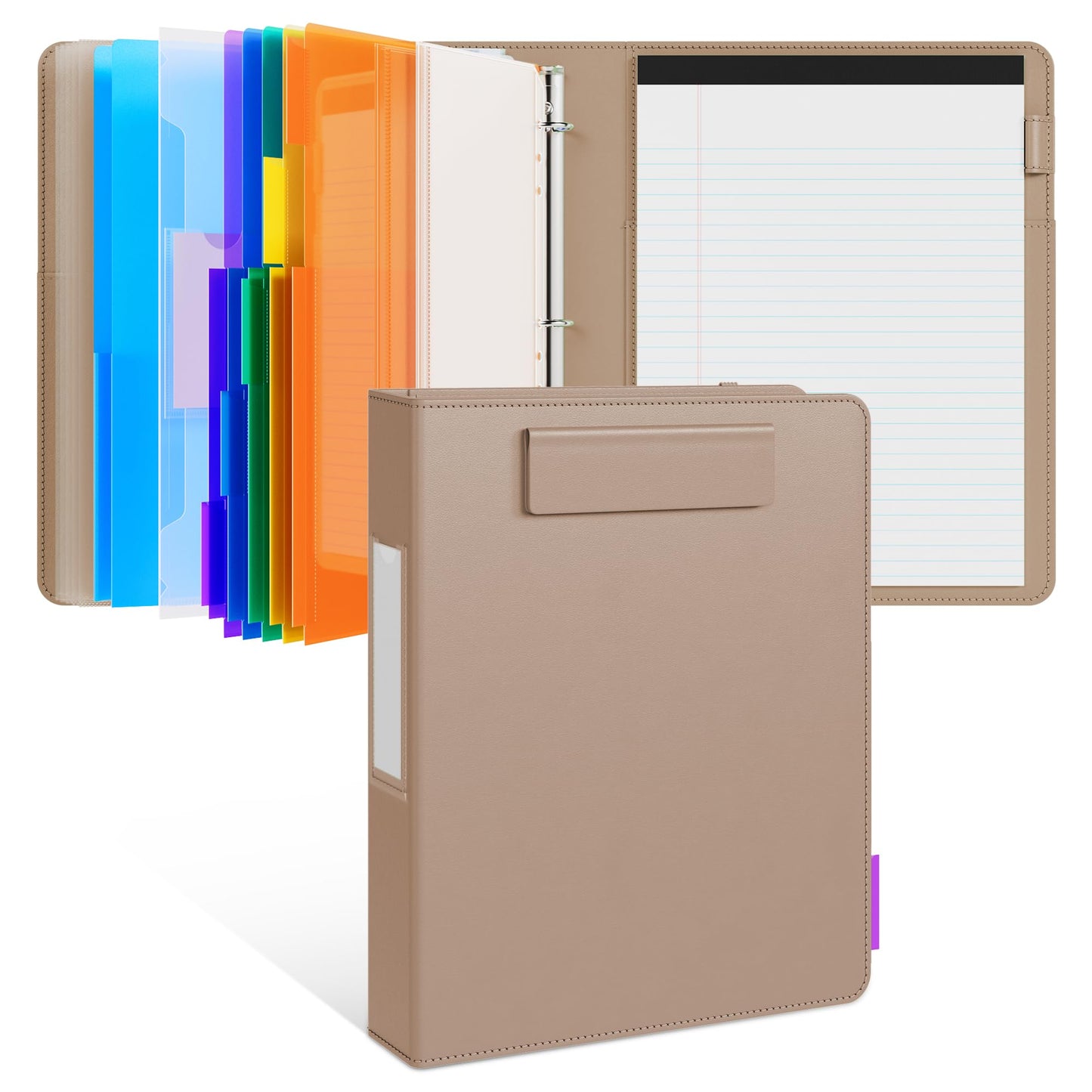 JoyCat 3 Ring Binder Clipboard with Storage,12.4"x10.2"Magnetic Clipboard Folder with 5 Expandable Folders,Refillable Lined Notepad (11" x 8.5"),Ideal for School Office Nursing(Khaki)