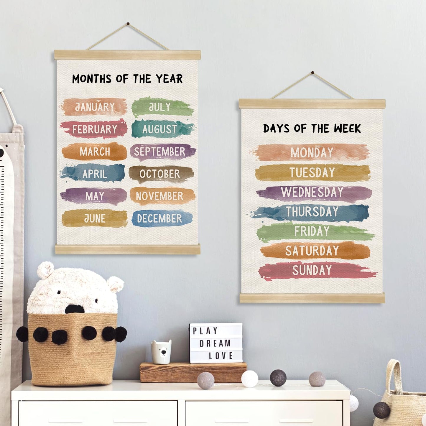 You found a duck Days of the Week and Months of the Year Wall Art Poster Set of 2,Toddlers Learning Educational Canvas Posters for Preschool Classroom Nursery,Kids Room Decor 14x18.5inch (LKY03)