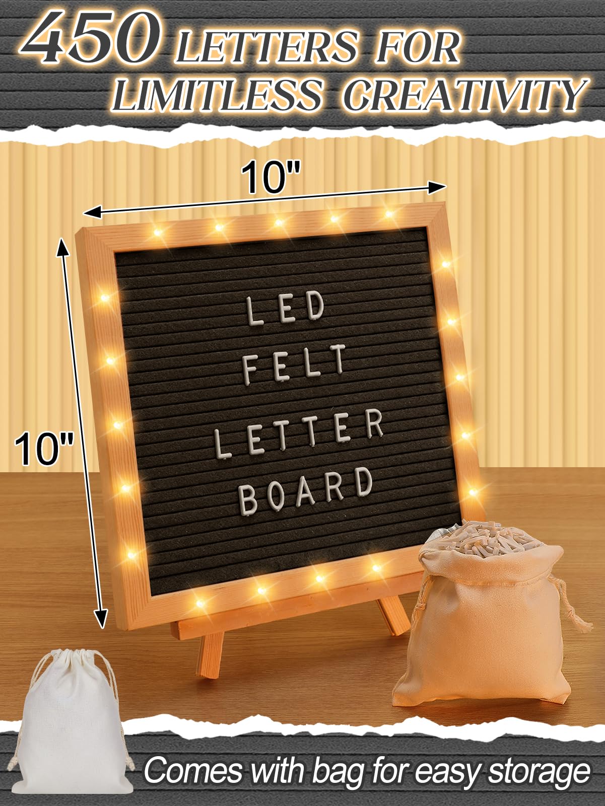 Felt Letter Board with LED Lights - 10 ×10" Custom Message Board with Changeable Letters & Stand, First Day of School Sign/Graduation/Pregnancy/Baby Announcement/Wedding/Classroom Decor, Black