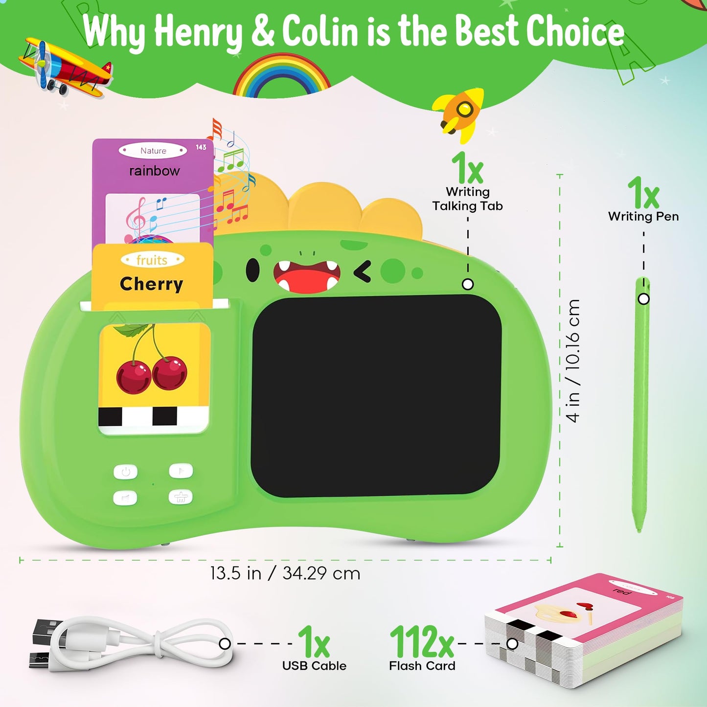 Henry & Colin Smart Talking Flash Cards Reader with LCD Writing Drawing Tablet Card for Kids – Colorful Drawing Pad, Educational Toy, Reusable Board, Travel Essential for Boys & Girls (Green)