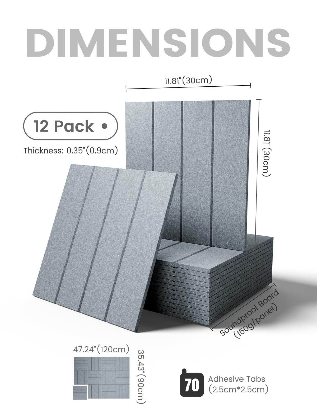 Large Felt Bulletin Board 48" x 36" Cork Board Alternative-12 Pack with 70 Safe Removable Adhesive Tabs, Cork Boards for Walls Cork Board for Home Office Classroom Pin Board-Blue Gray