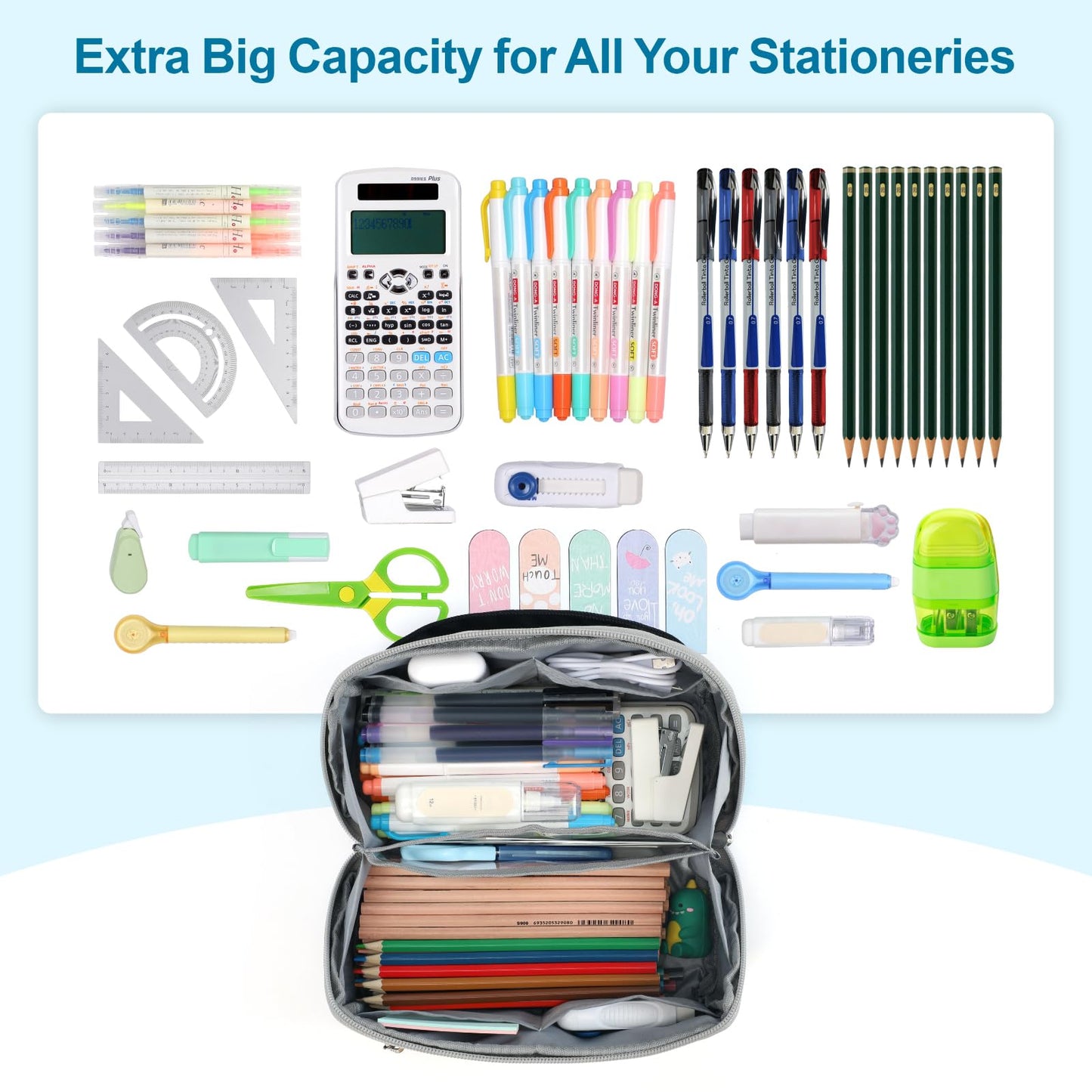 BrainyBees Large Capacity Pencil Case - Pencil Pouch for Teen Boys, Aesthetic Pouch Organizer with 8 Compartments, Wide Opening Marker Bag for Middle High School College, Fits Calculator, Black