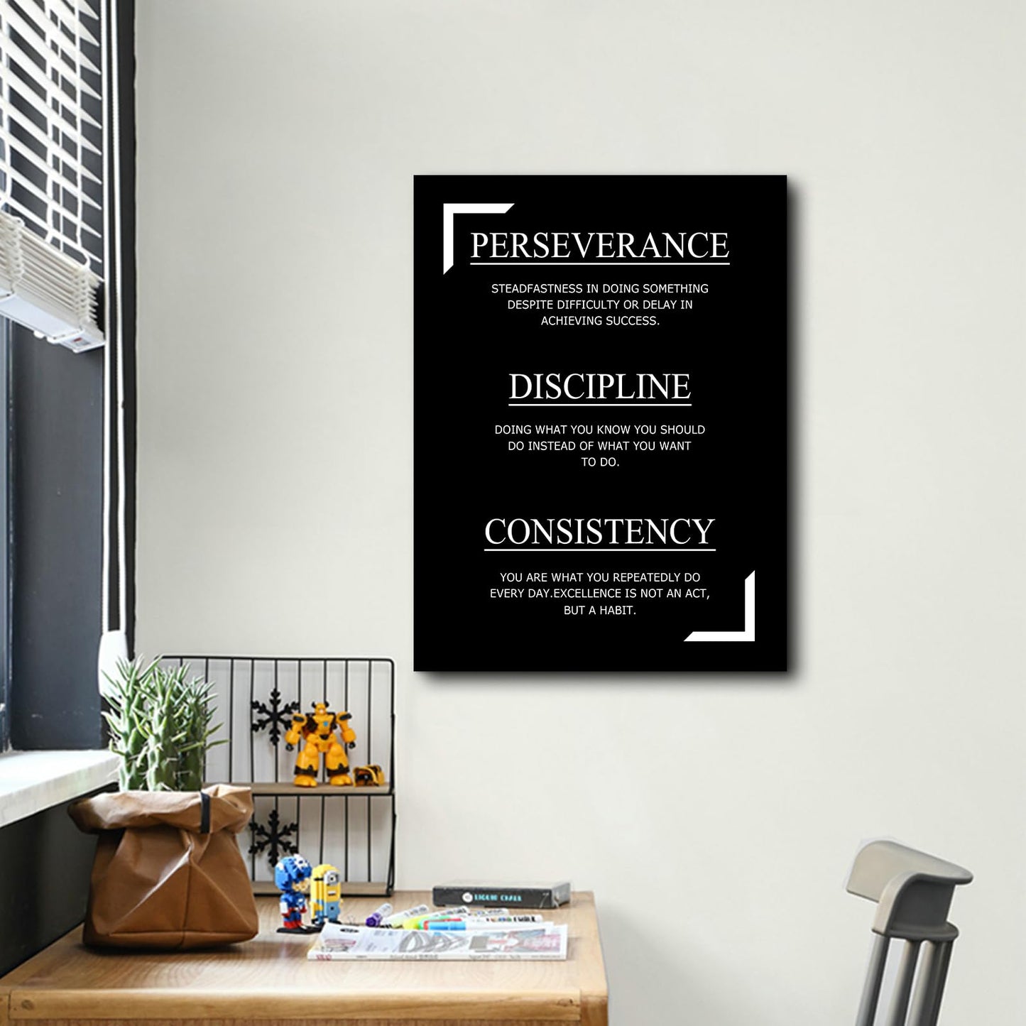 Motivational Canvas Wall Art Perseverance Discipline Consistency Success Poster Print Inspirational Picture Painting for Office Class Room School Wall Decoration Stretched and Framed [18''Wx24''H]