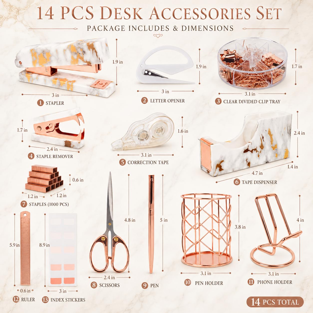 Office Desk Accessories Supplies - 14 Pcs Women Rose Gold Marble Desk Decor Set, Cute Aesthetic Office Essentials Kit, Stapler Tape Dispenser Pen Organizer, Acrylic Mini Teacher Stuff for School Home