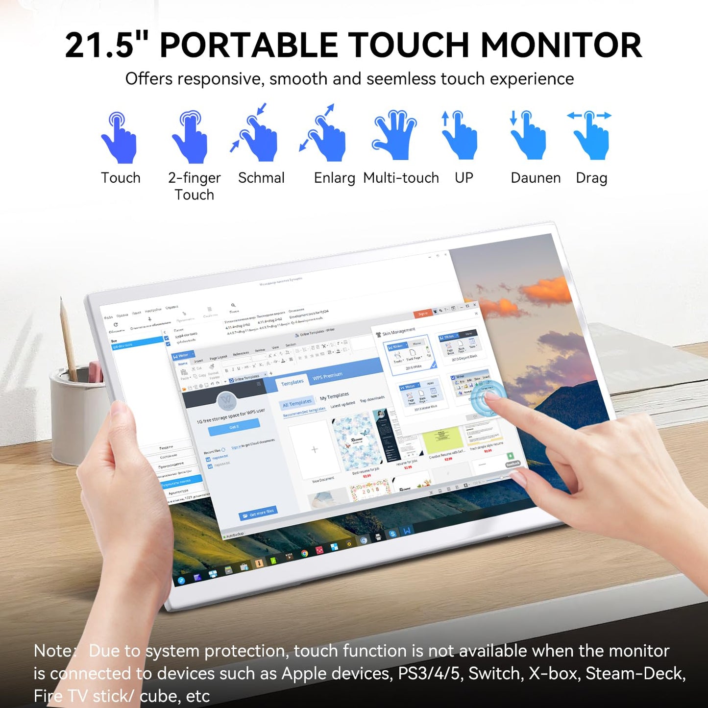 Prechen 21.5 Inch Portable Touchscreen Monitor, 1080P Computer Touch Screen w/VESA Stand Touch PC Display, 75Hz, Multi-Touch Monitor, DC HDMI & USBC for Phones PC Phone Business,White