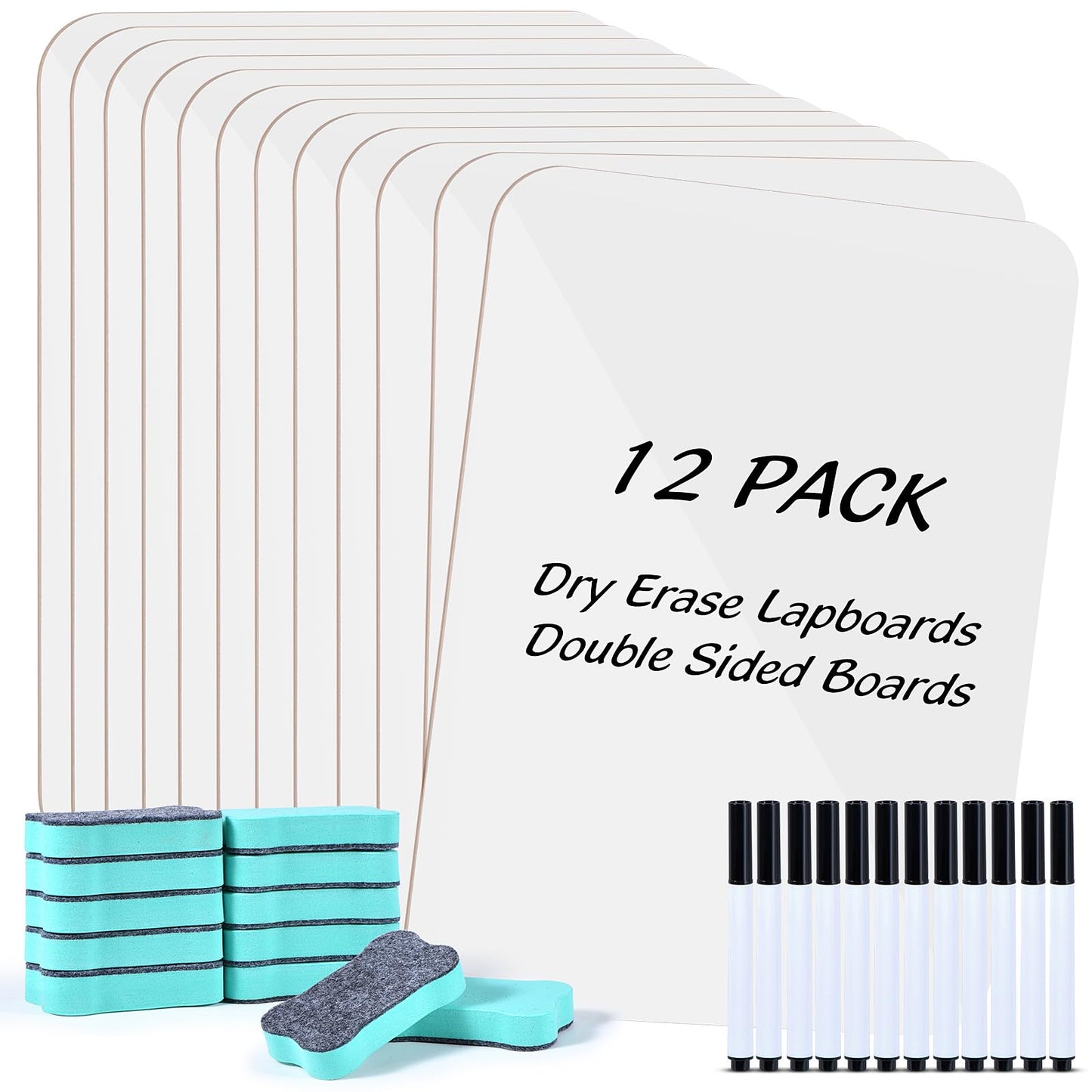 12 Pack Small White Board Dry Erase Boards Classroom Teachers Pack Mini White Boards 9" x12” Personal Whiteboards for School Students Supplies Lapboards l 12 Mini Erasers， 12 Makers Included (12)