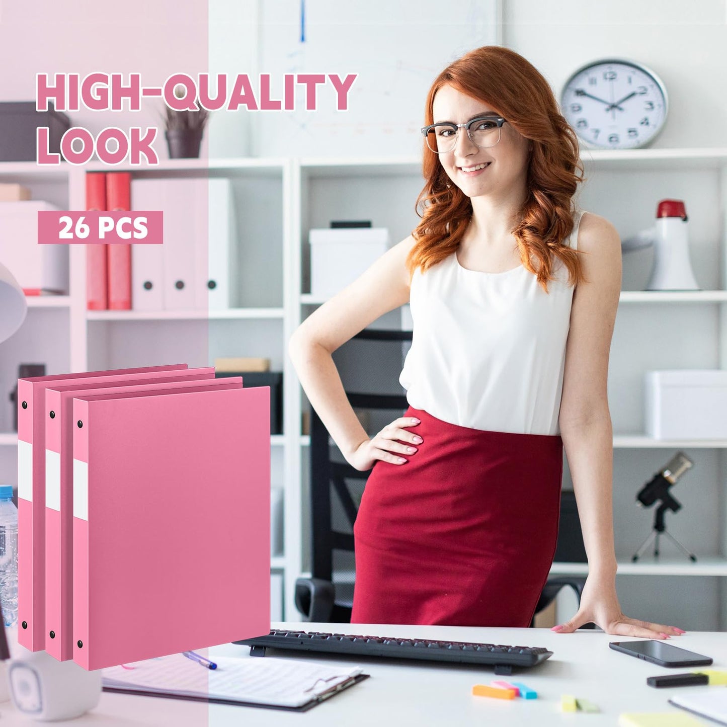 Henoyso 26 Pack 0.5 Inch Plastic 3 Ring Binder Round Ring, Bulk 1/2 Inch Flexible Binders Hold 140 Sheets Letter Size with Pocket, Document Organizer for Back to School Classroom Office (Pink)
