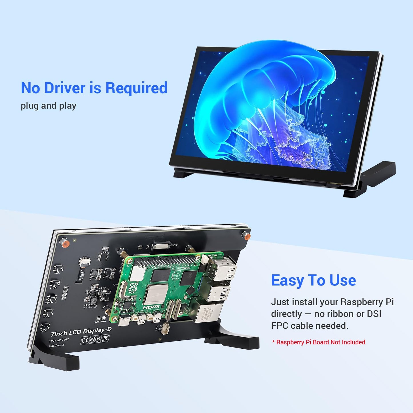 ELECROW 7 Inch Touchscreen Monitor for Raspberry Pi, 1024X600 IPS HD Capacitive Touch Screen Display with Acrylic Stand, Plug and Play, Compatible with Raspberry Pi 5/4/3, Banana Pi, Jetson Nano