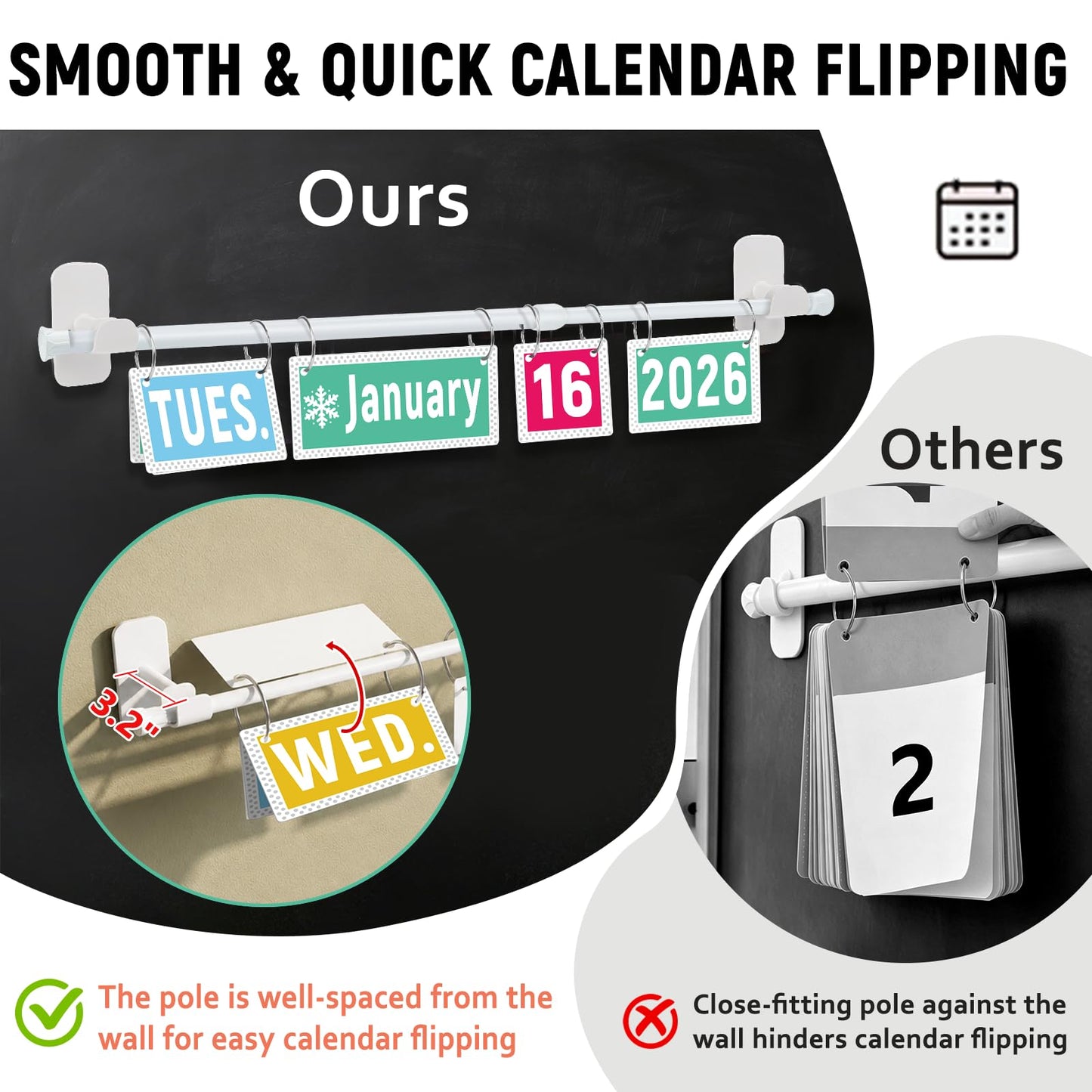 Upgraded 2-in-1 Flip Calendar for Classroom with Magnetic & Adhesive Fixing, Adjustable Magnetic Rod Flip Calendar for Whiteboard, Black and White Classroom Decor Bulletin Board Set (Patterned)