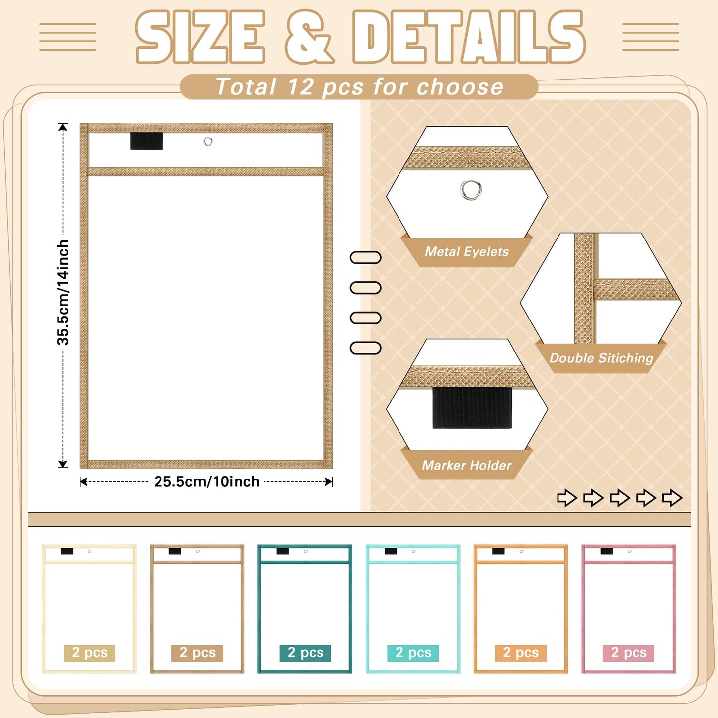 Watersay 24 Pcs Dry Erase Pocket Reusable Sleeves 10" x 14" Clear Plastic Sheet Protectors with Markers and Mini Dry Erasers for Paper(Boho)