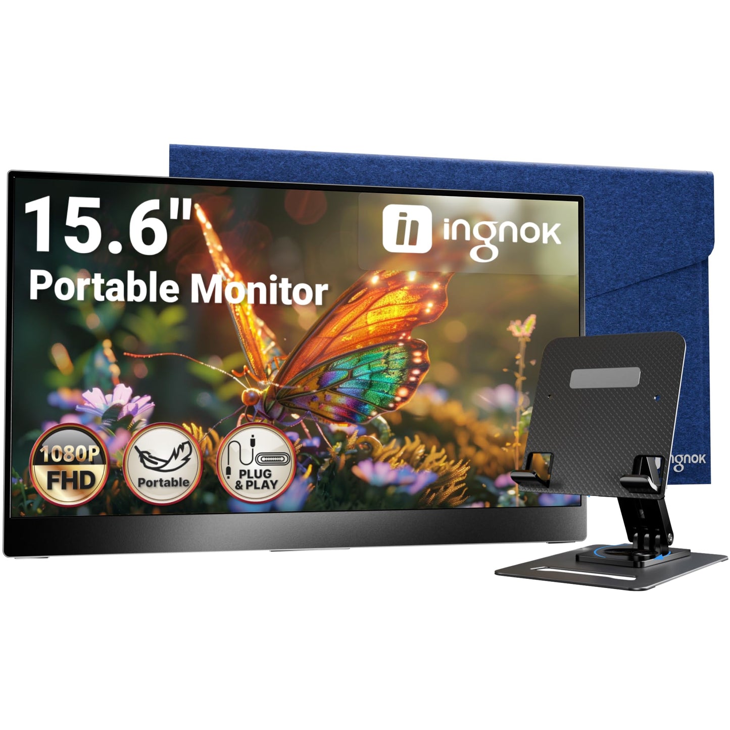 Ingnok Portable Monitor, Ultra Slim 15.6 Inch FHD IPS Laptop Screen Extender with Adjustable Stand, USB C Compatible, Ideal for Travel and Office