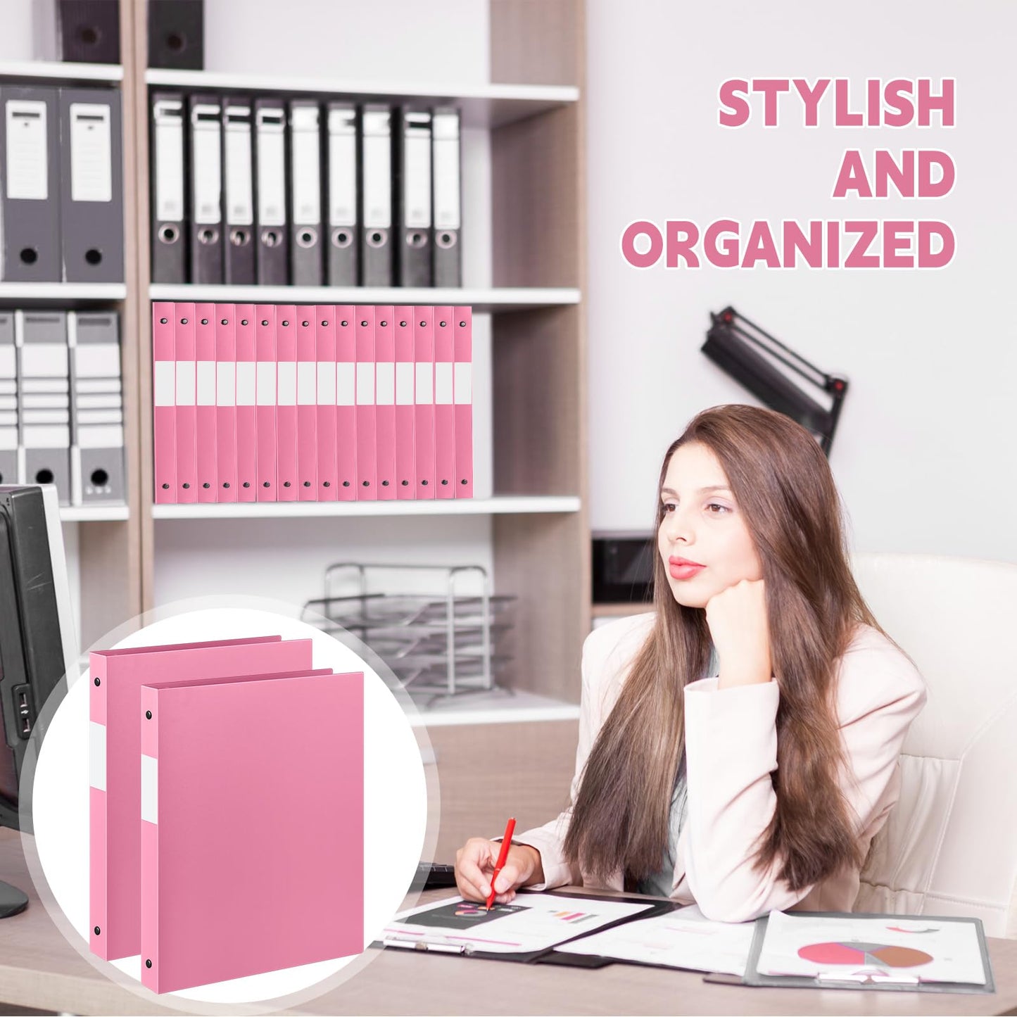 Henoyso 26 Pack 0.5 Inch Plastic 3 Ring Binder Round Ring, Bulk 1/2 Inch Flexible Binders Hold 140 Sheets Letter Size with Pocket, Document Organizer for Back to School Classroom Office (Pink)