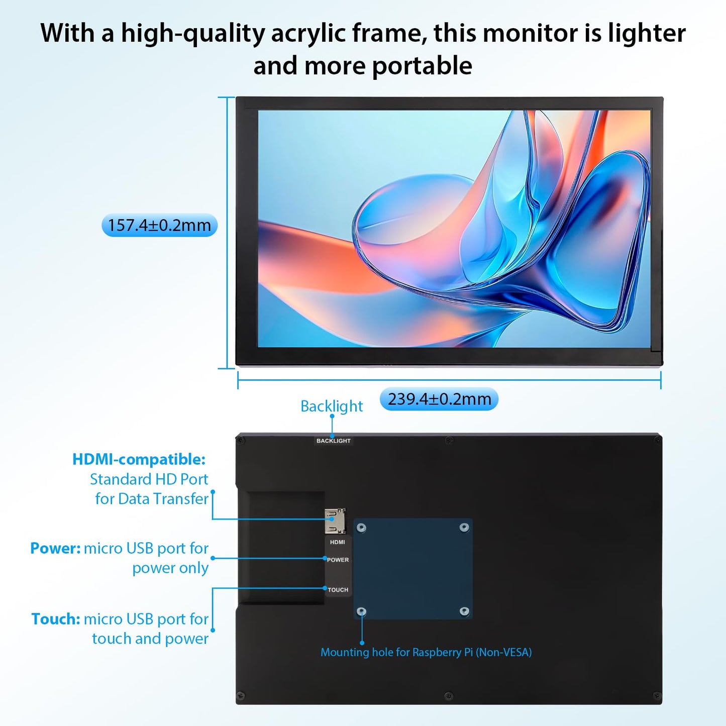ELECROW 10.1 Inch Touchscreen Monitor, 1280x800 IPS LCD HD Display with Stand, Portable Capacitive Touch Screen for Raspberry Pi 3/3B+/4B/5, Jetson Nano, Banana Pi, PC, Windows, Beaglebone