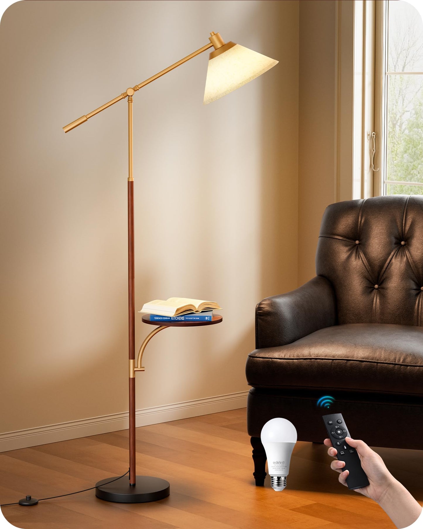 EDISHINE 68in Arc Floor Lamp, Vintage Design, Remote Dimmable Bulb, Beige Shade, Adjustable Arm, Wood Grain Finish, Model HFLEF1
