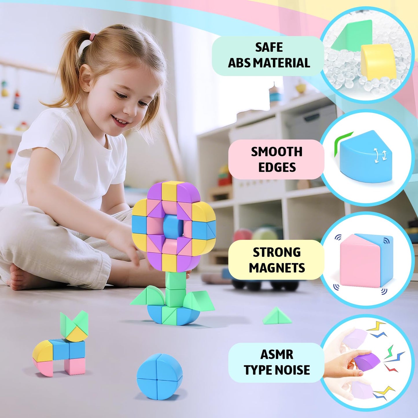 Hiwawind 40Pcs Magnetic Blocks, 1-Inch Pastel Rainbow Magnetic Cubes (Triangles & Quarter Circles), Montessori Sensory Autism Toys for Boys & Girls, Ideal for Kids Ages 3+