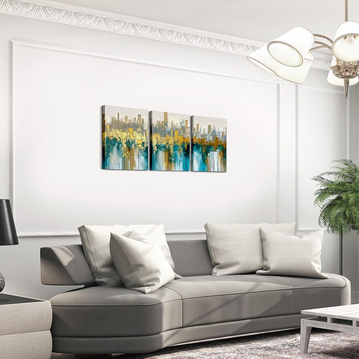 Teal Abstract Canvas Wall Art Set of 3 for Bedroom Living Room, Modern Golden Textured Paintings Wall Decor Turquoise Ombre Artwork Wall Art Blue Green Marble Print Poster Prints