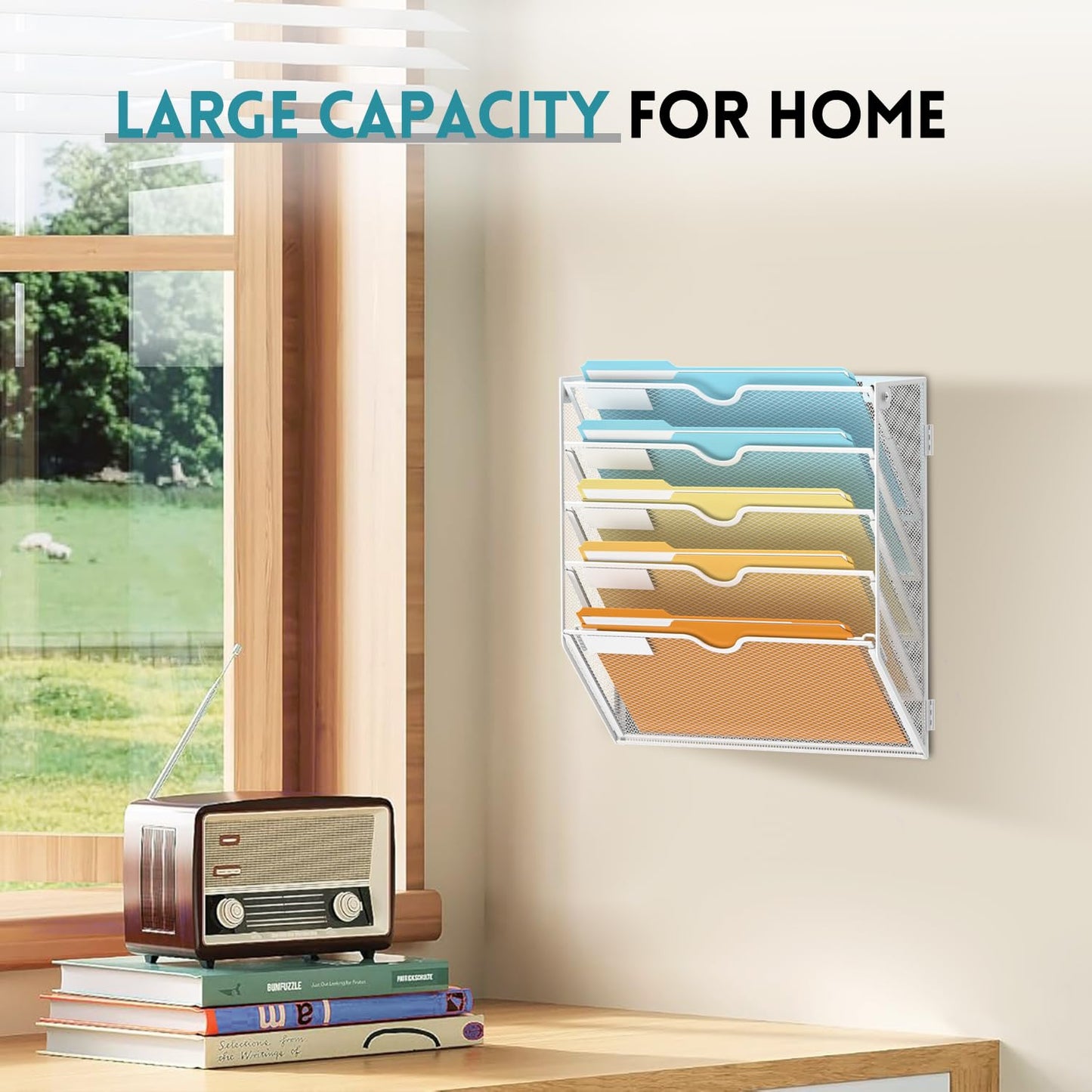 SUPEASY 5 Tier Wall File Organizer, Hanging Wall Mounted Mail Organizer with Label Slots, Metal Mesh File Holder Magazine Rack for Office, Home, School or Classroom, White