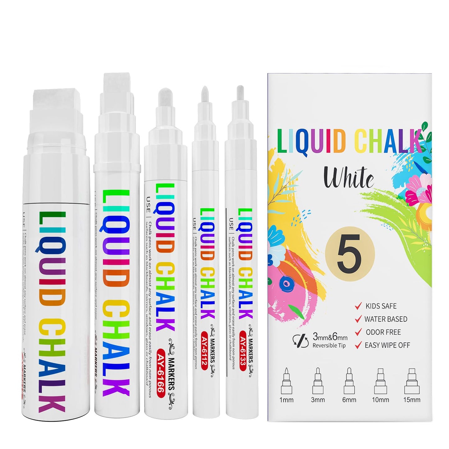 IJIANG Window Chalk Markers Pens, White Liquid Chalk Marker 5 Nib Sizes for Car Windows Glass Mirror Blackboard Signs, Erasable, Dust-Free, Non-Toxic