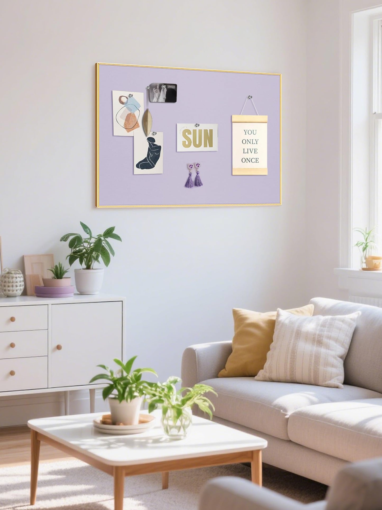 Lightomorrow Bulletin Board 40 x 30 inches, Light Lavender Pin Board, Golden Aluminum Framed Fabric Cork Board with 10 Push Pins