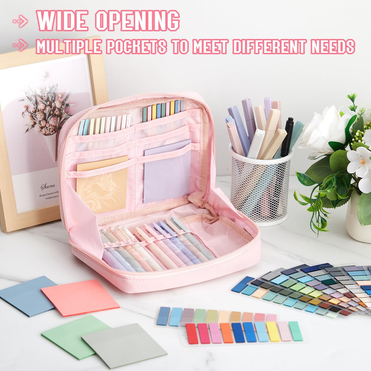 Trandraft 135 Pcs Book Annotation Kit Aesthetic Pencil Case Bag 12 Highlighter 11 Gel Pen 1 Marker 300 Sheet Transparent Sticky Notes Pad 2640 Index Stickers Bible Study Supplies (Kawaii,Pink)