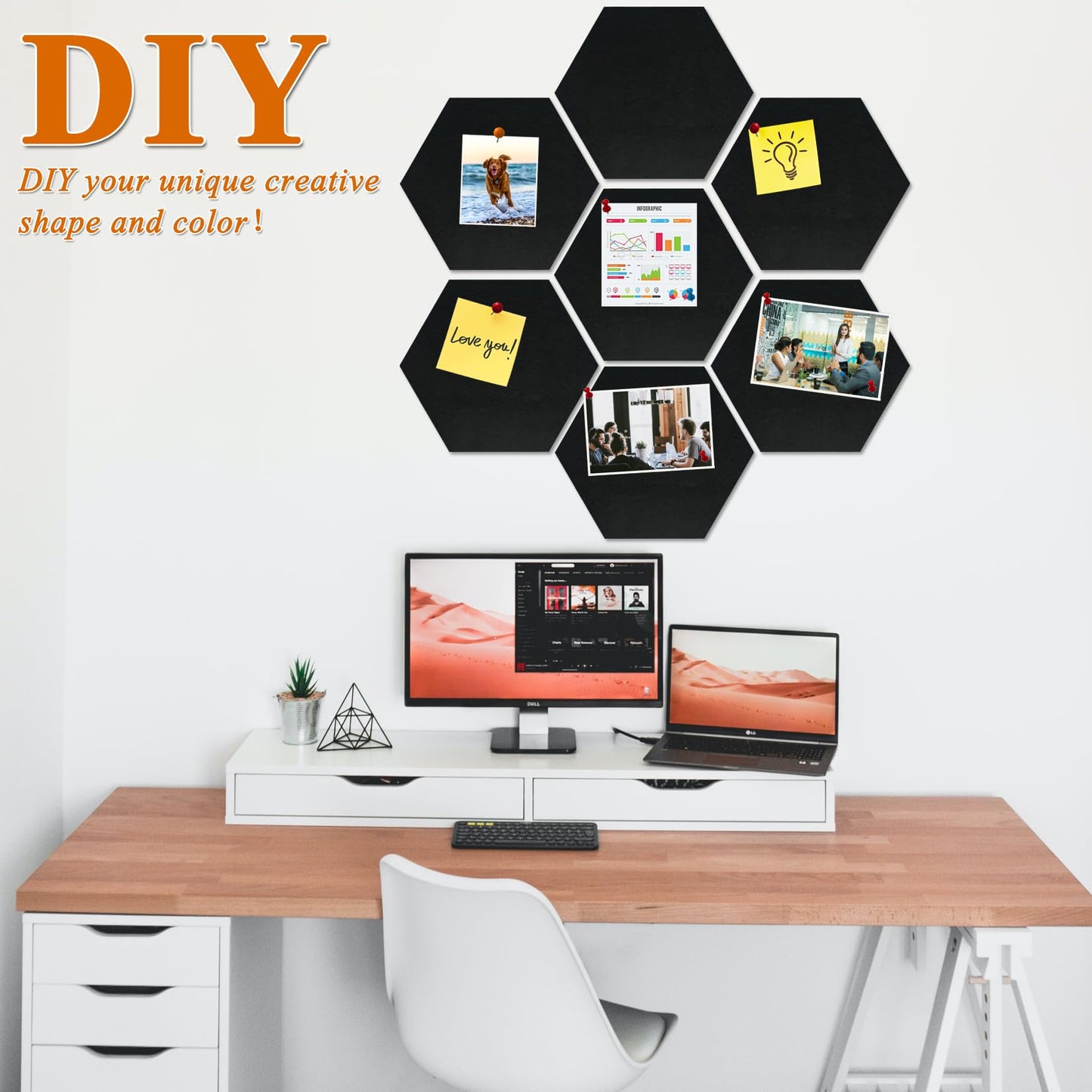 HULAVO Large Hexagon Felt Cork Board Tiles, Self Adhesive DIY Felt Bulletin Board Pin Board with 35 Pushpins for Office School Home Wall Decor Stickers Memos Photos Display(Black)