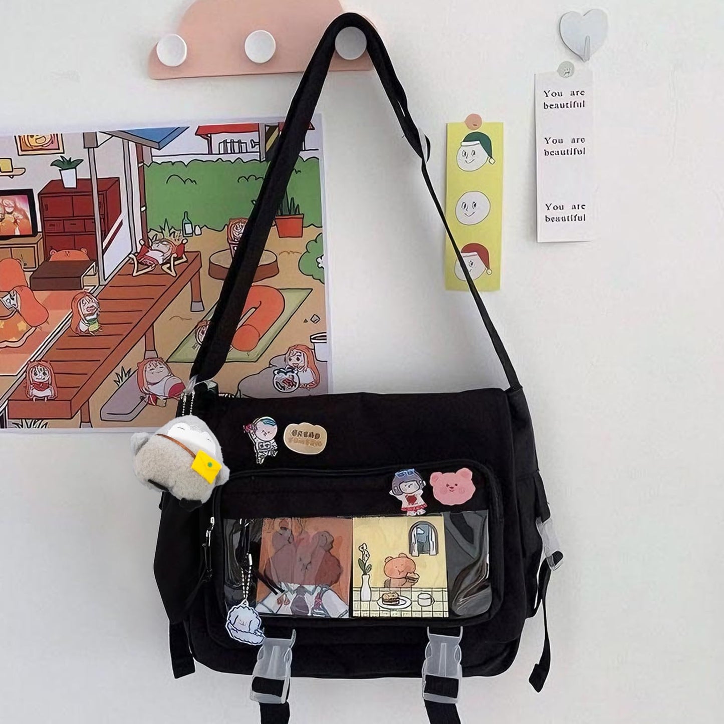 Kawaii Crossbody Ita Bag for Women with Pin and Plush Penguin, Cute Messenger Bag Japanese Crossbody Bag Y2K Purse Black Fit 15.6 Inch Laptop