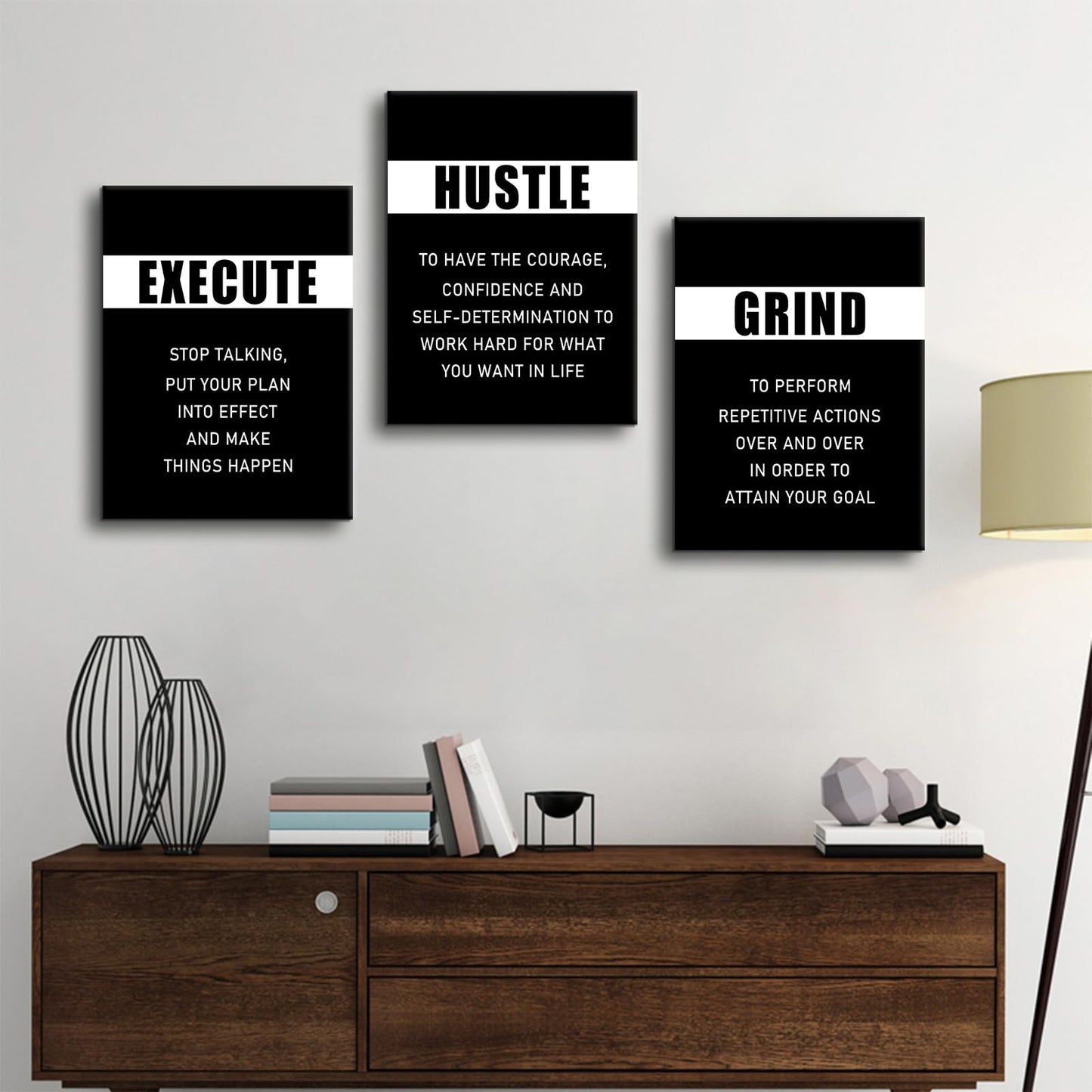 PSYYSP 3 Piece Canvas Wall Art Execute Grind Hustle Posters, Black White Motivational Triptych Wall Decor for Office, Bedroom, Dorm, Business Workspace, Framed Canvas 36x16inch